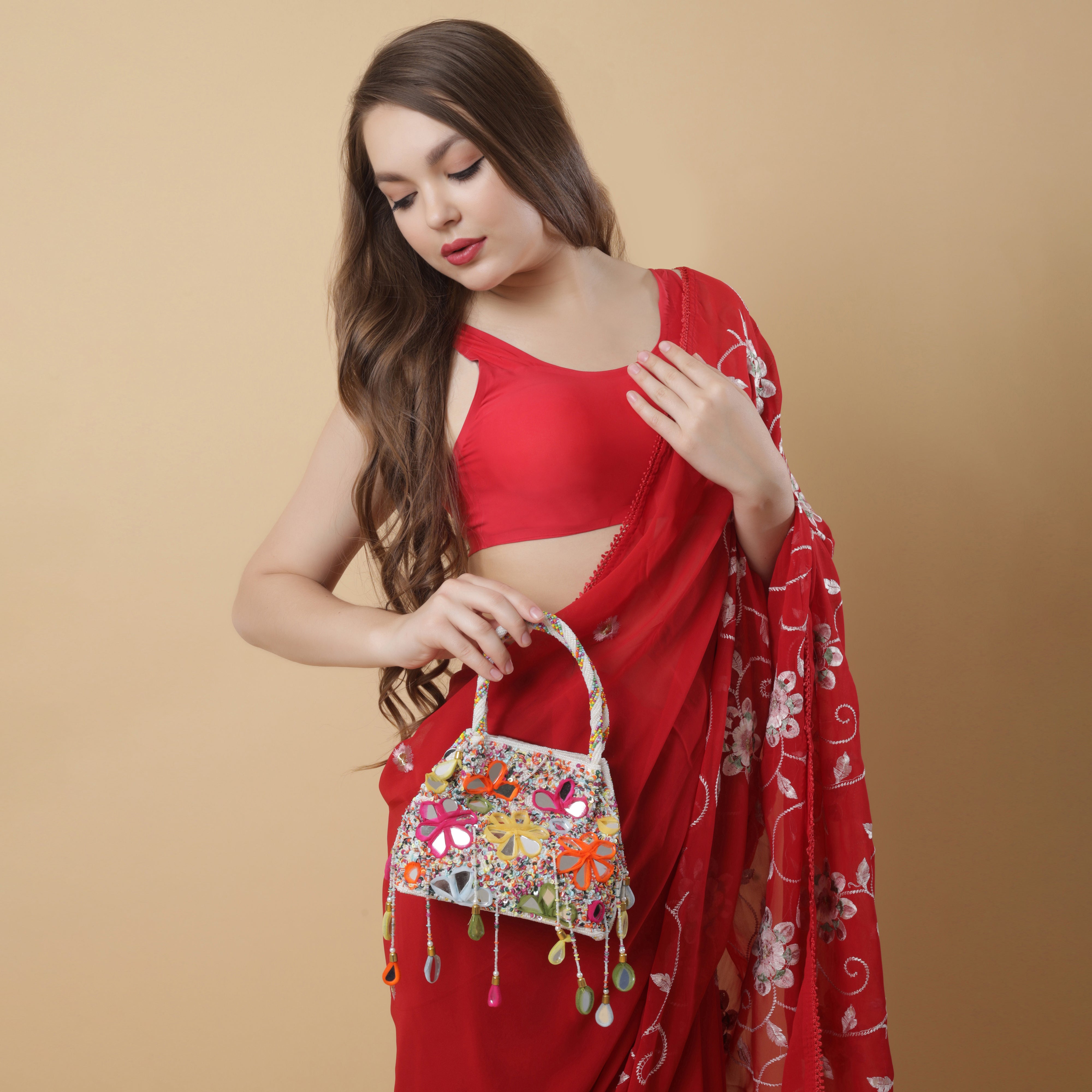 White Multicoloured Embellished Heavy Mirror Work Potli