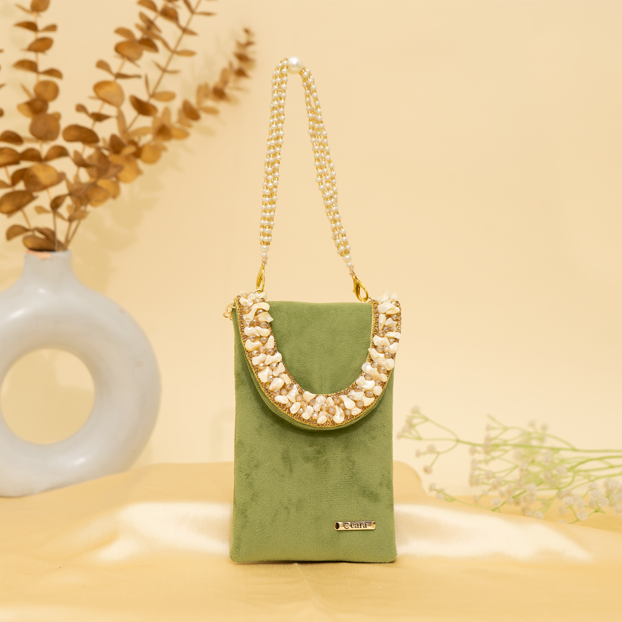 green Velvet Pearl Mobile Sling| cara