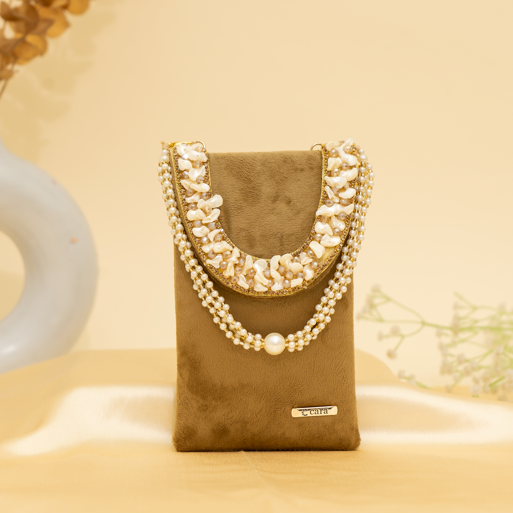 peanut brown Velvet Pearl Mobile Sling| cara