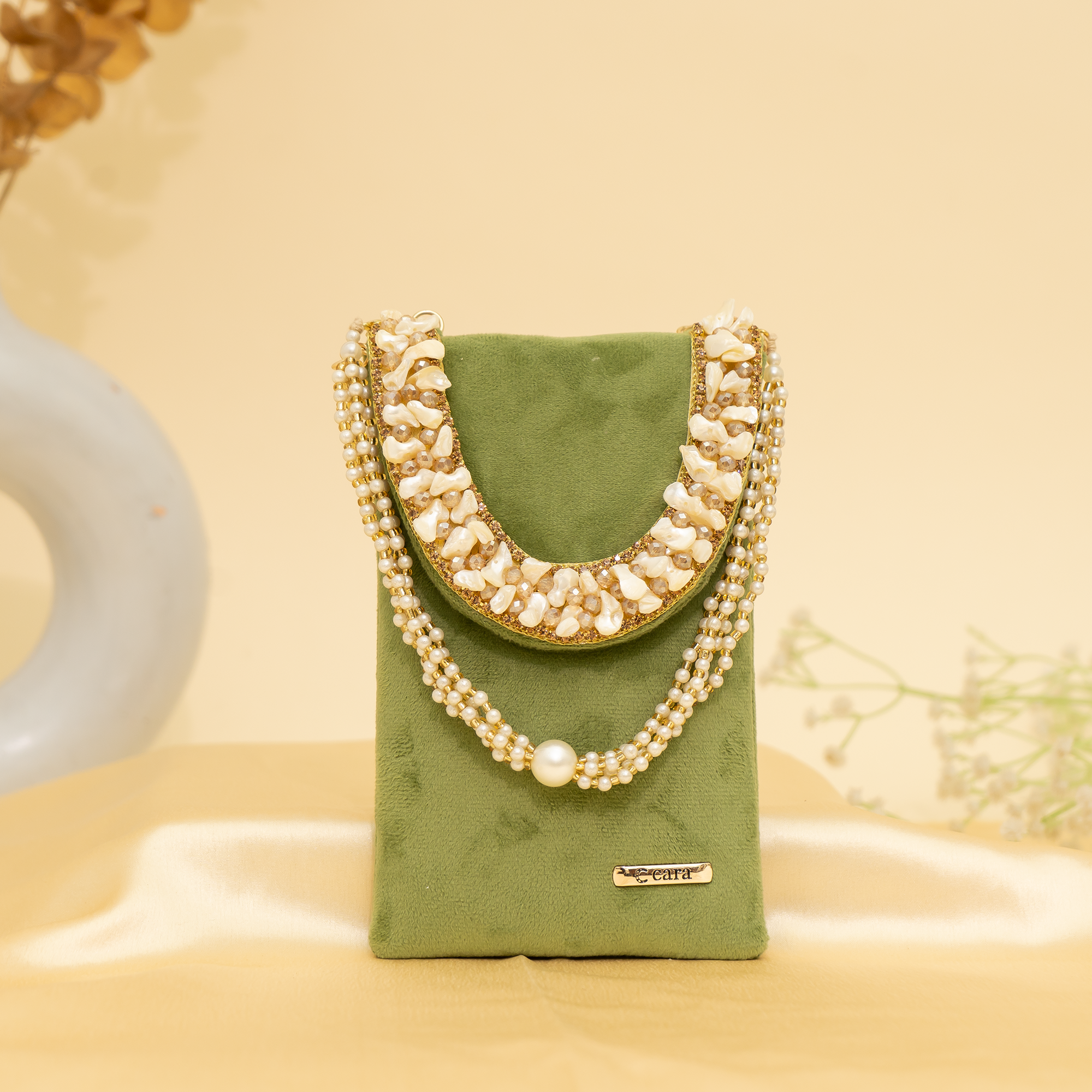 green Velvet Pearl Mobile Sling| cara