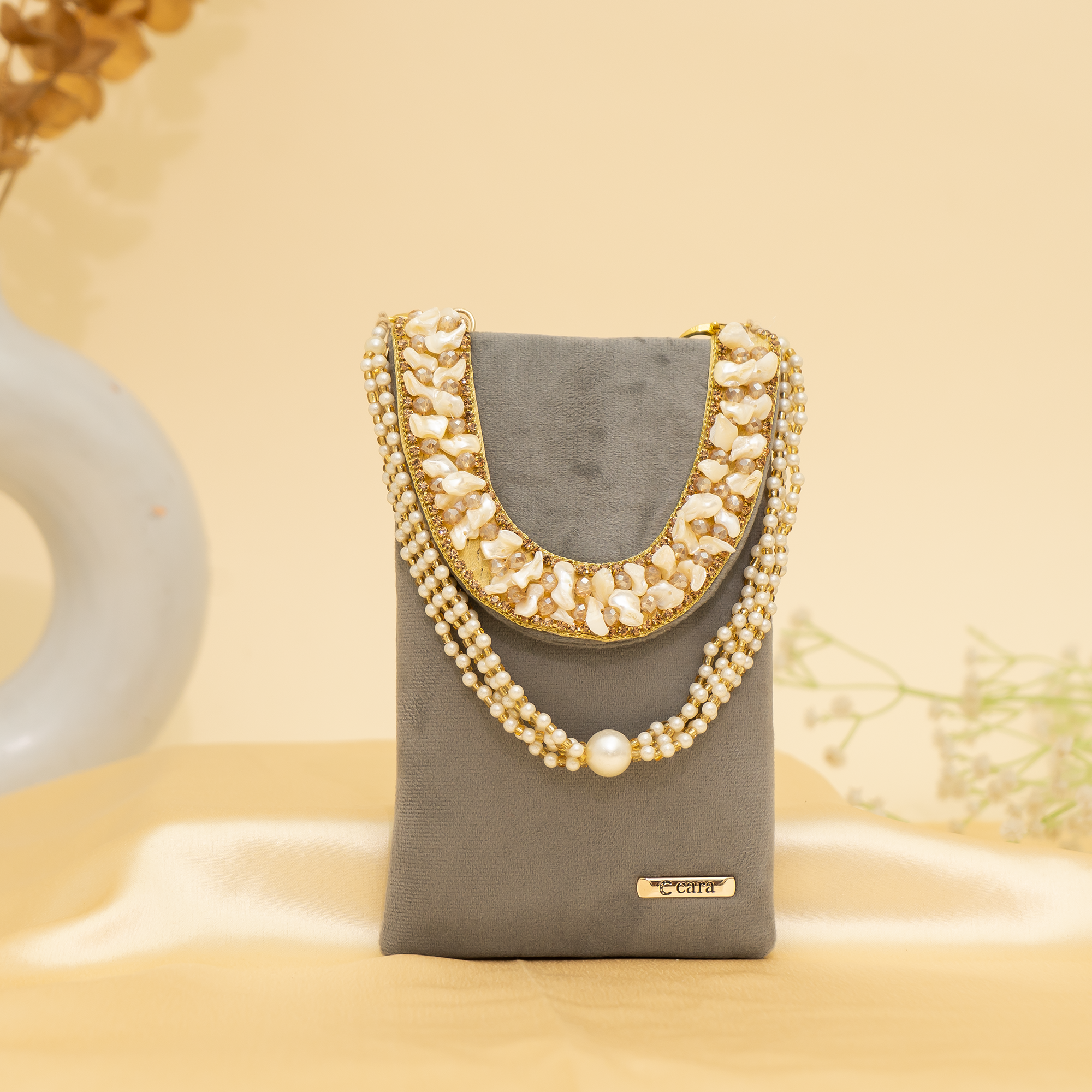 grey Velvet Pearl Mobile Sling| cara