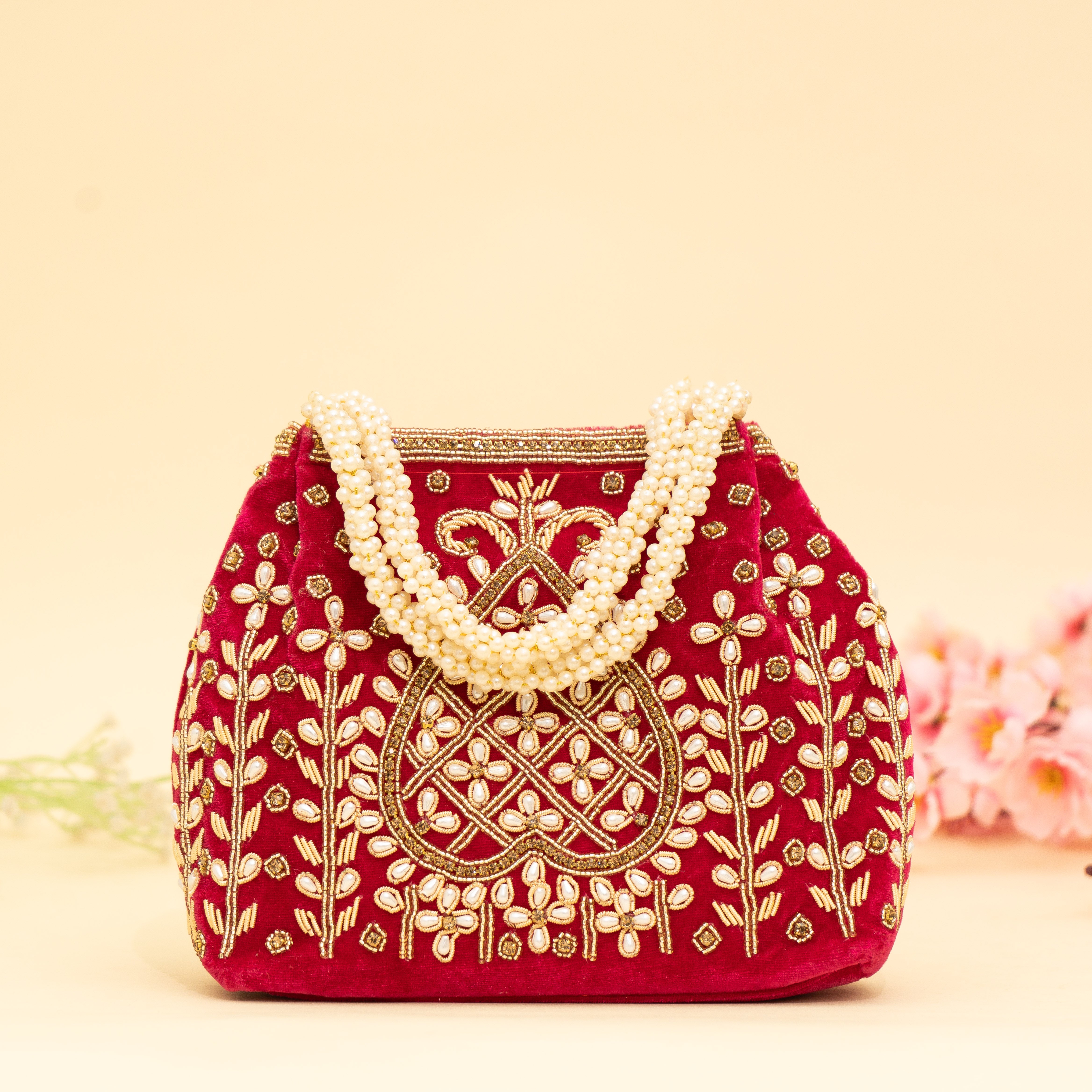 Red Lustrous Pearl Embellish Potli