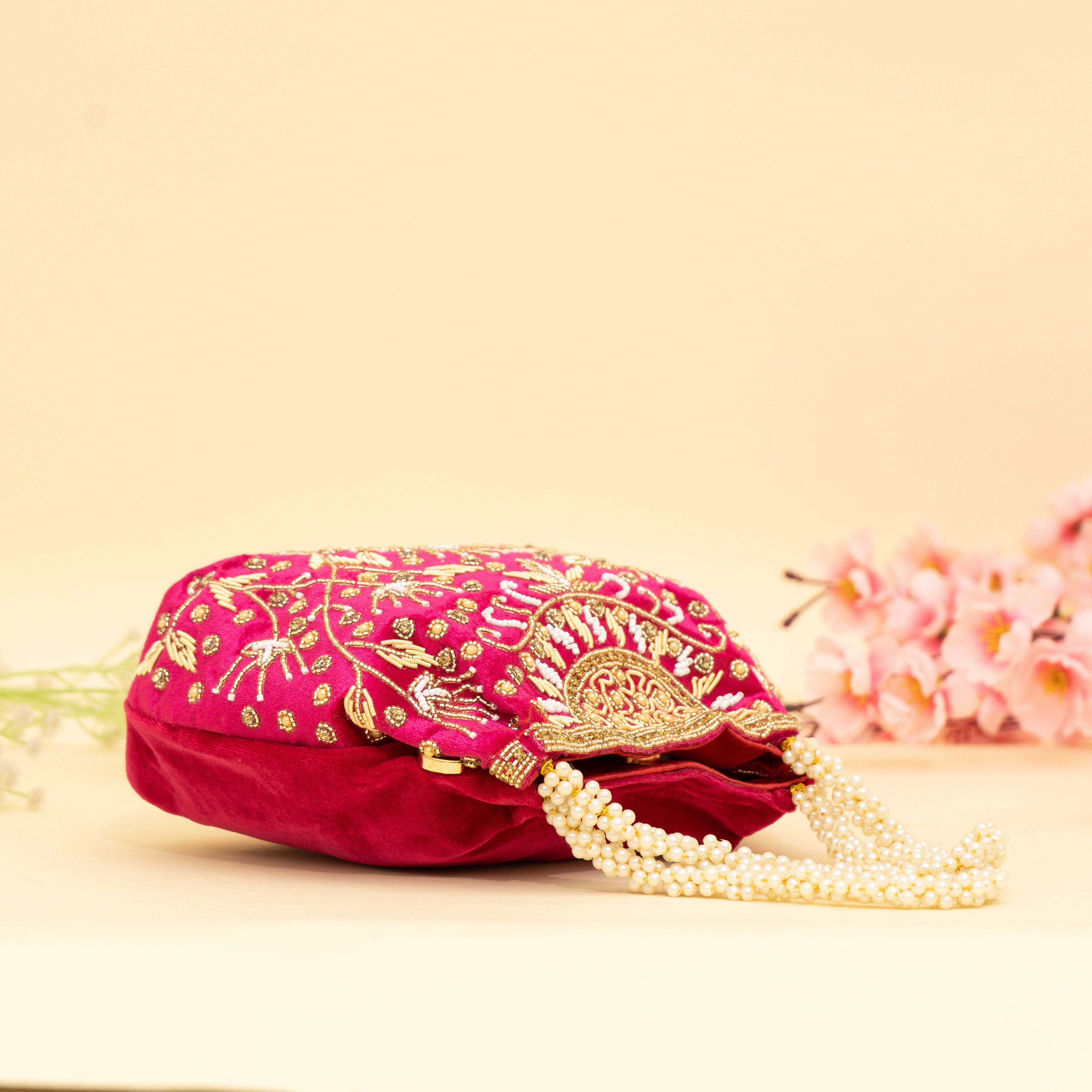 Pink Bridal Pearlstone Velvet Potli