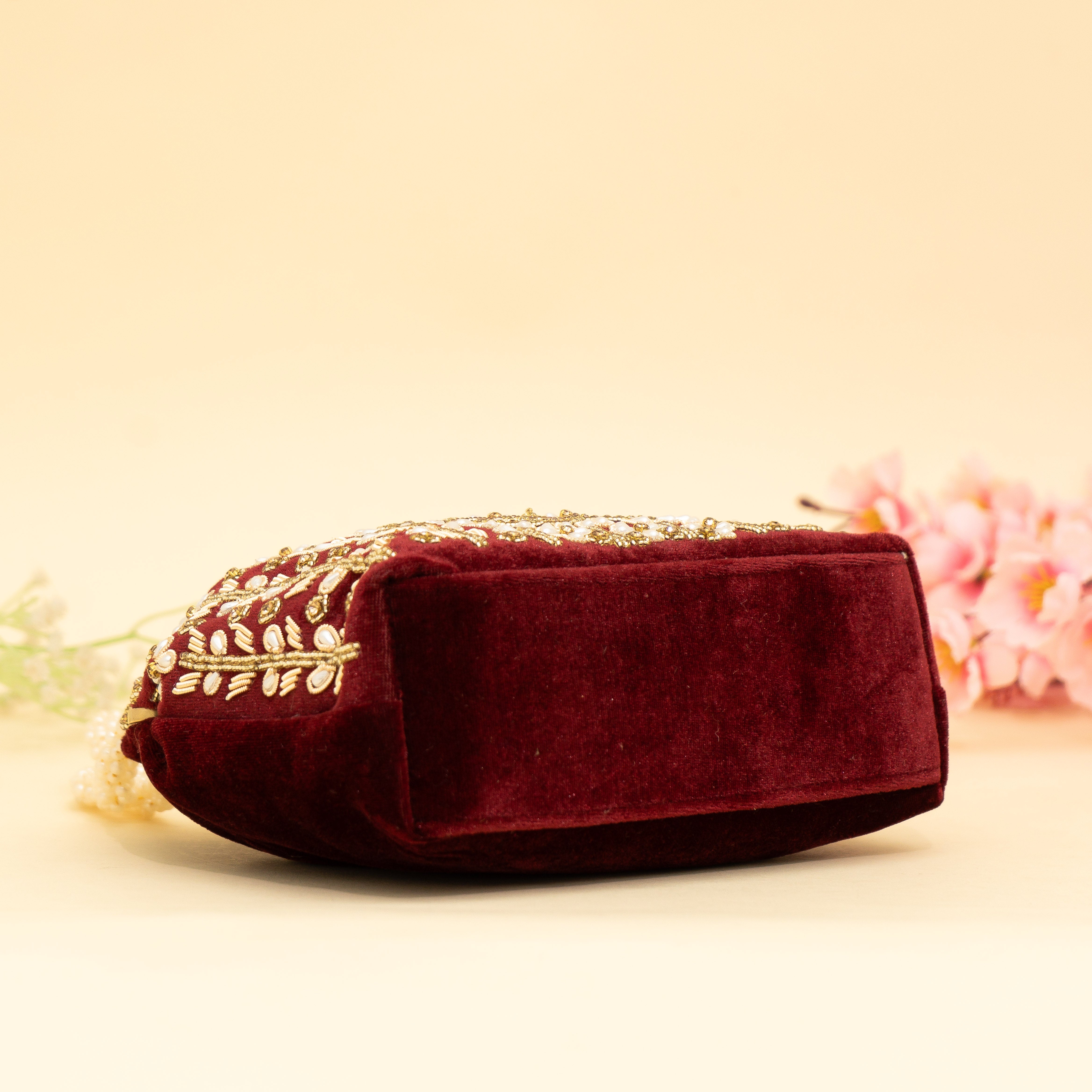 Maroon Lustrous Pearl Embellish Potli