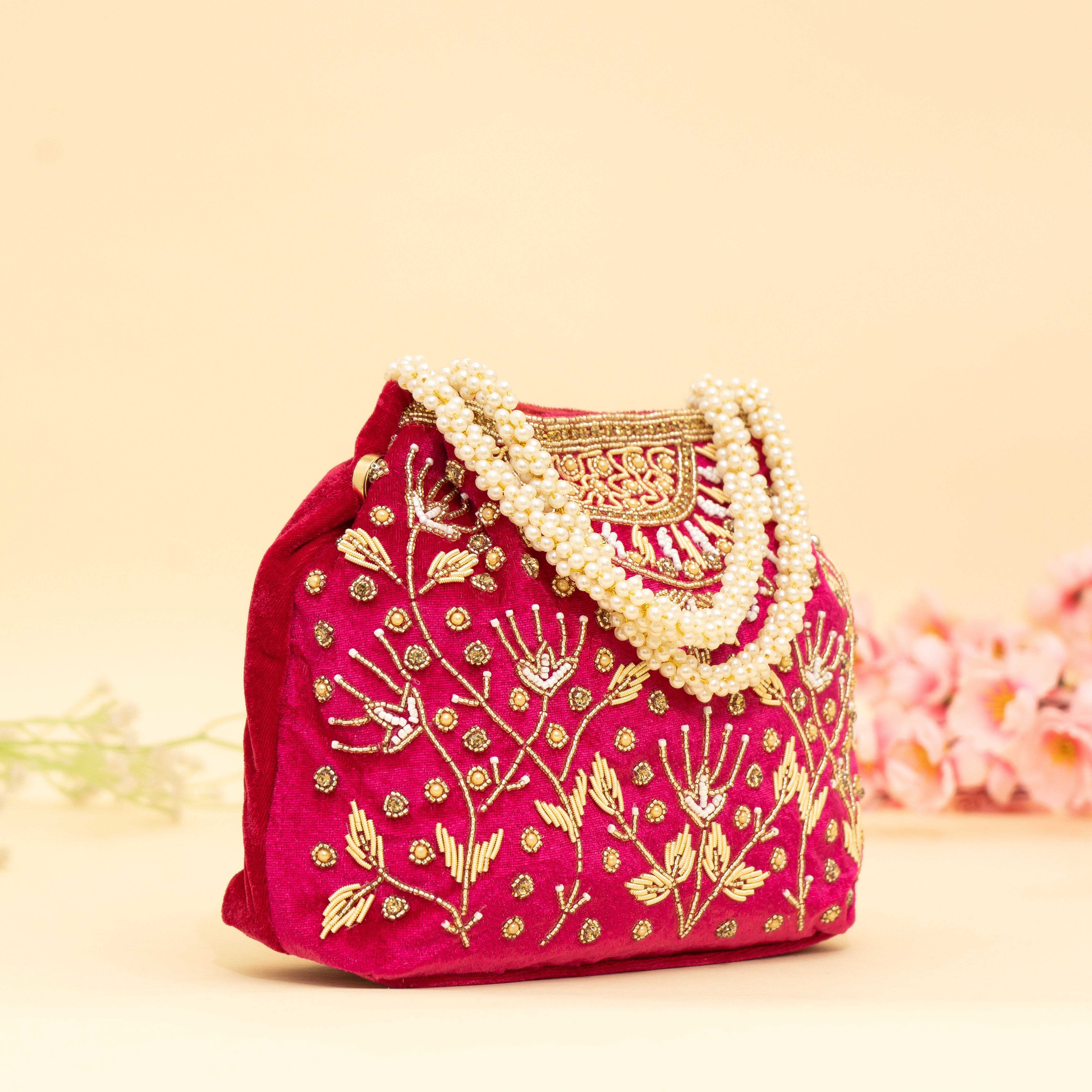 Pink Bridal Pearlstone Velvet Potli