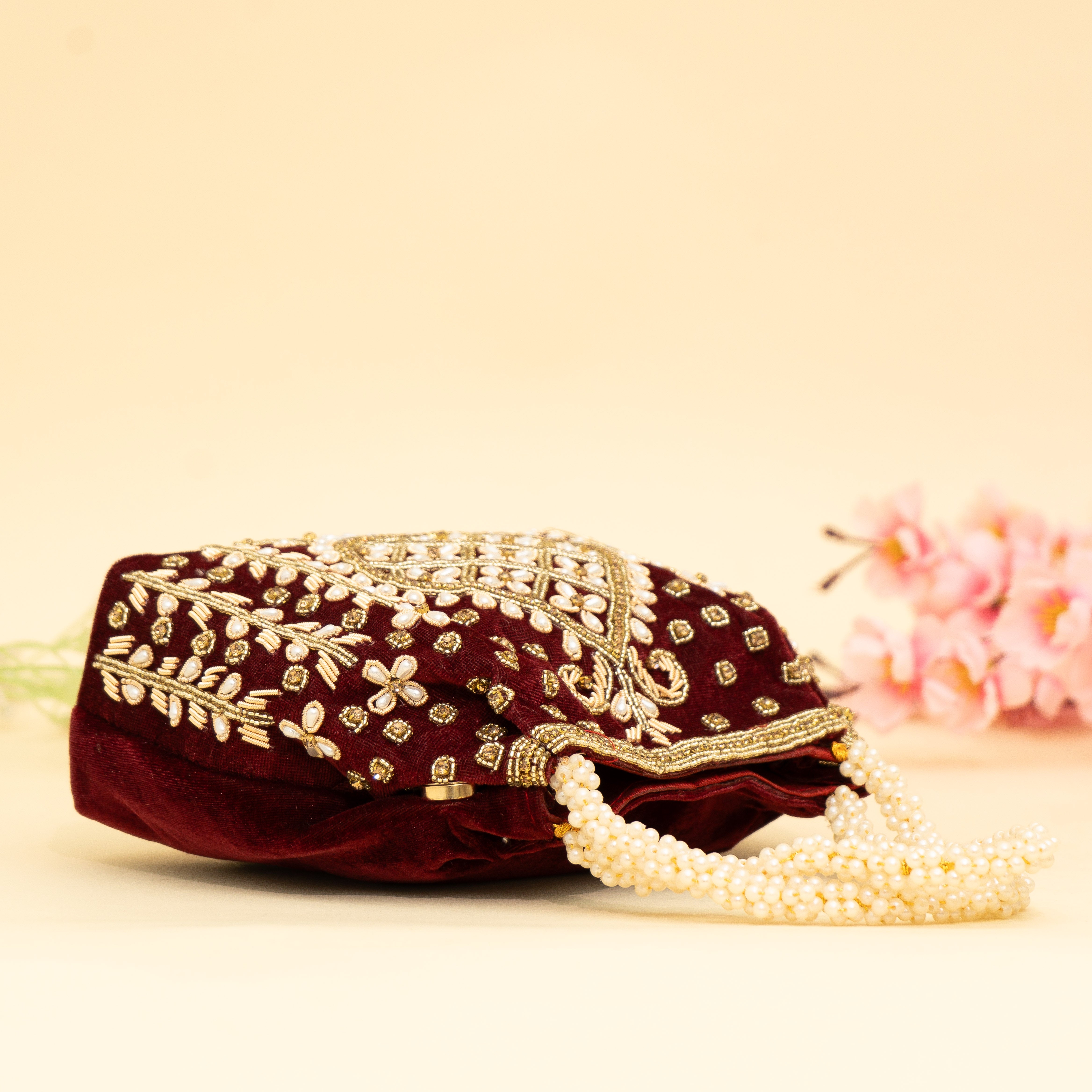 Maroon Lustrous Pearl Embellish Potli