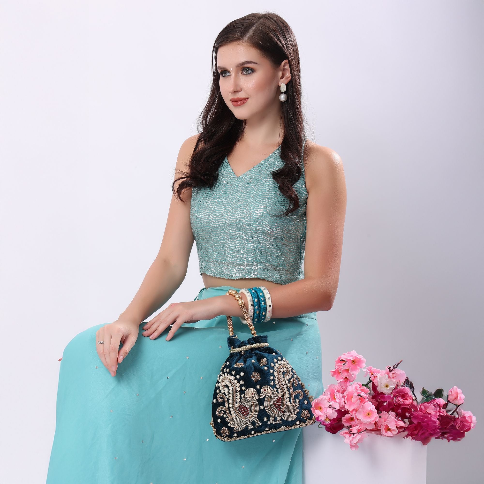 Teal Blue Peacock's Embrace Potli