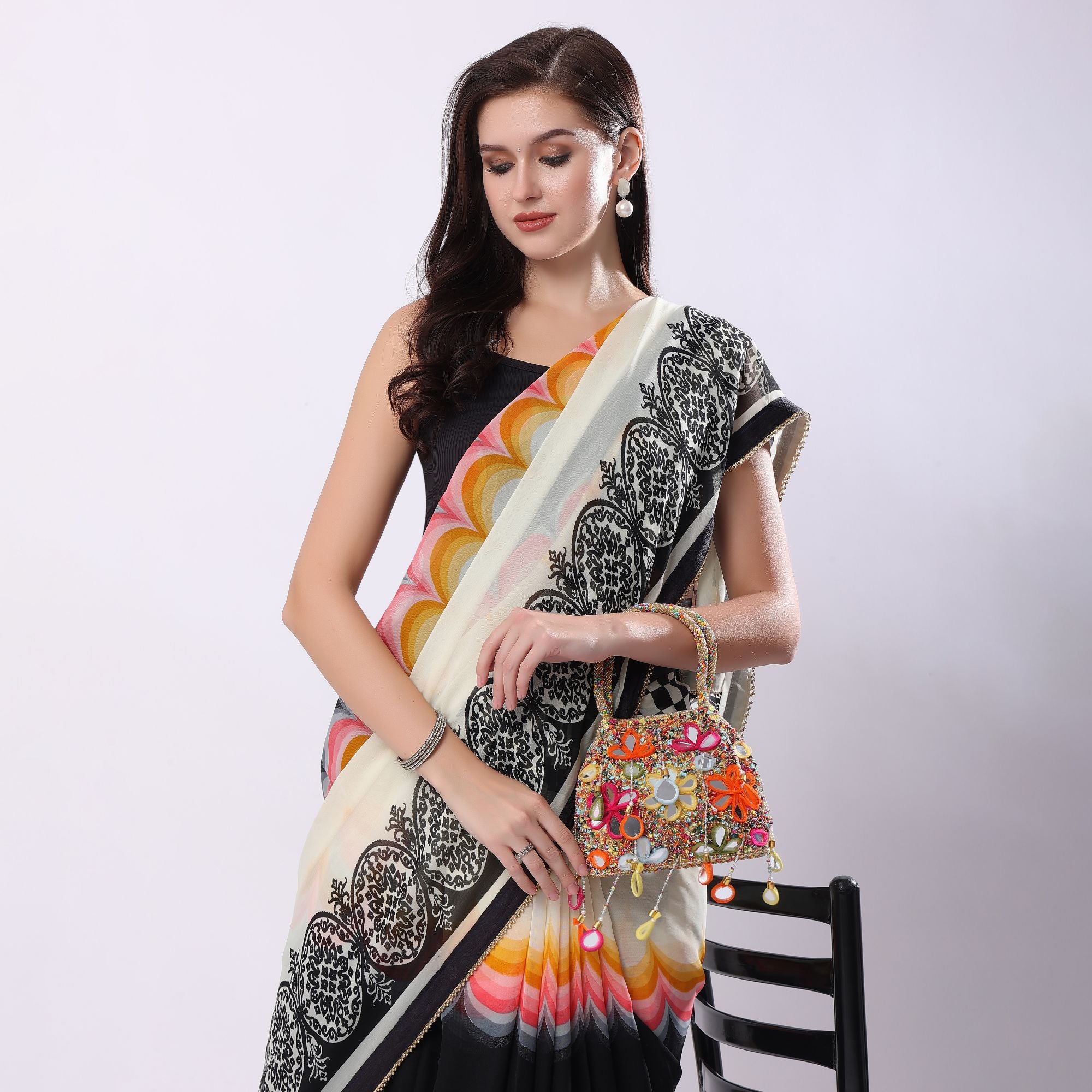 Gold Multicoloured Embellished Heavy Mirror Work Potli