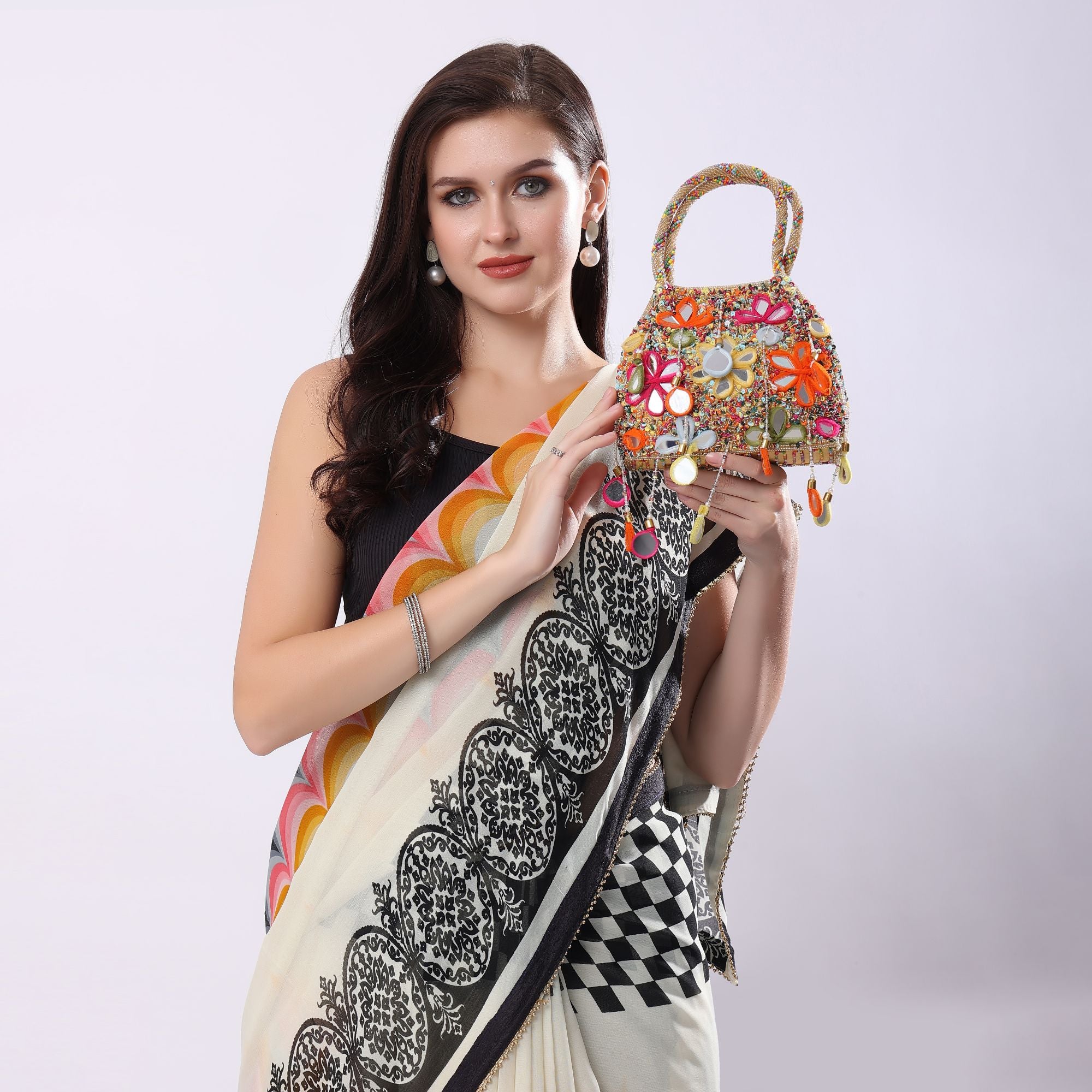 Gold Multicoloured Embellished Heavy Mirror Work Potli