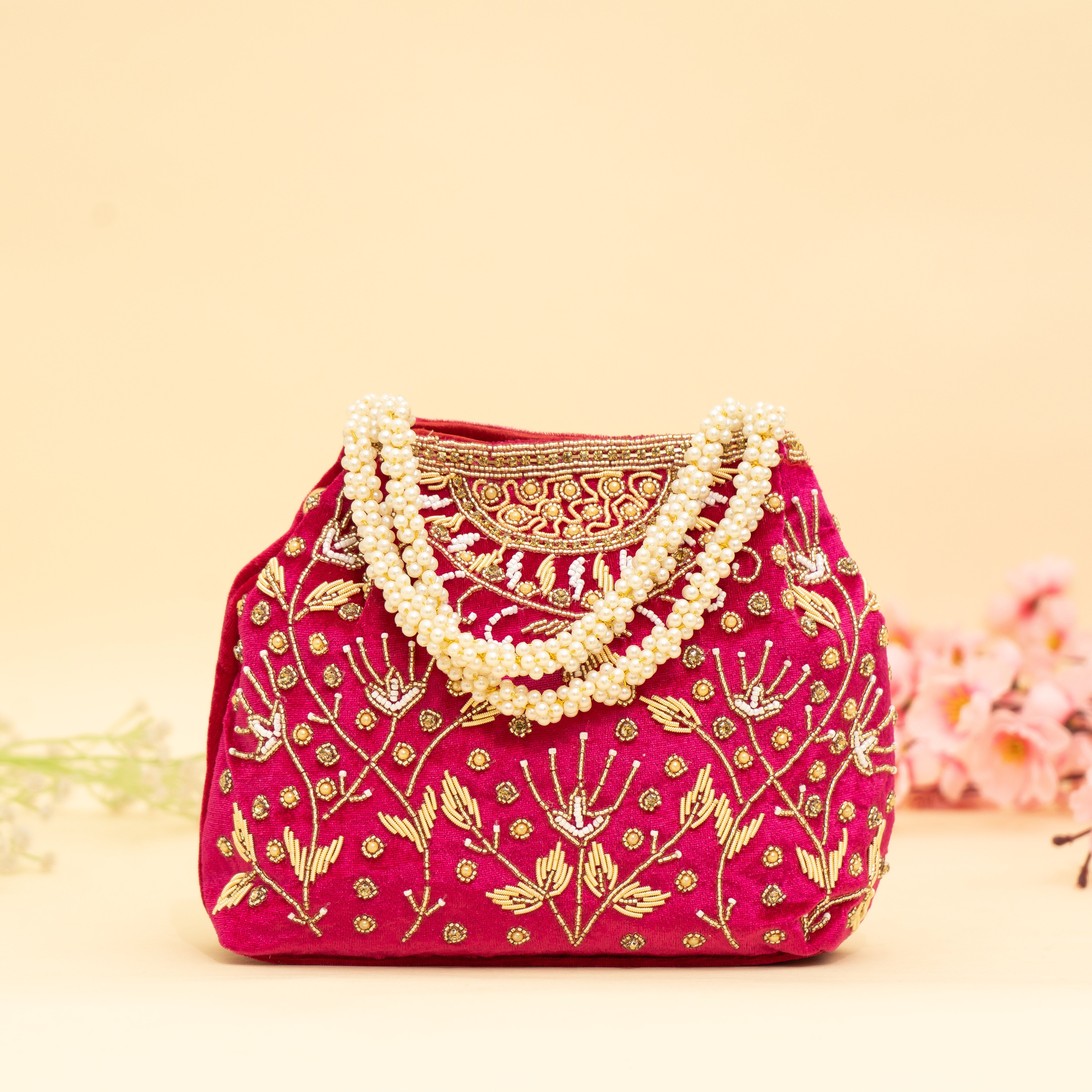 Pink Bridal Pearlstone Velvet Potli