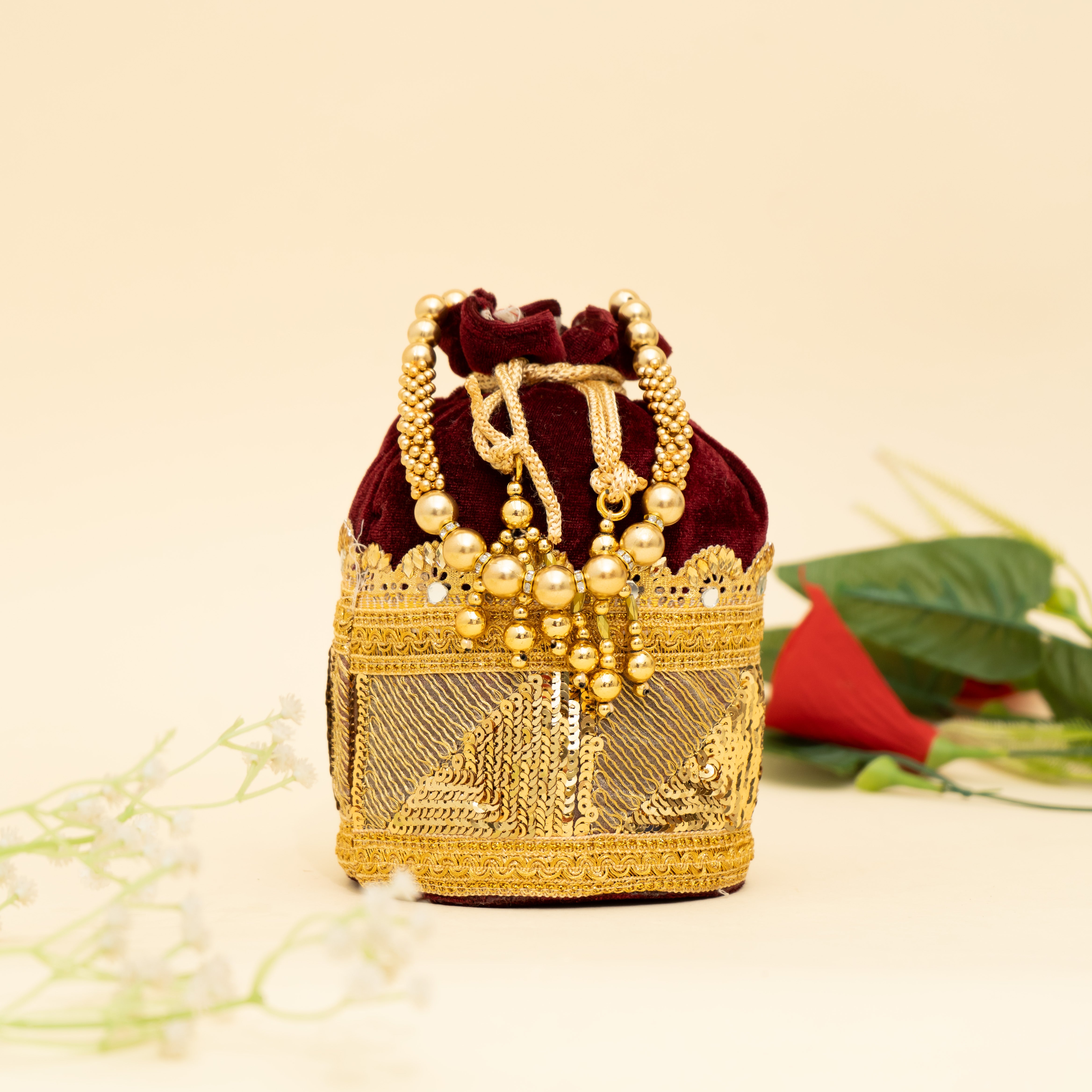 maroon Golden Gleam potli | CARA