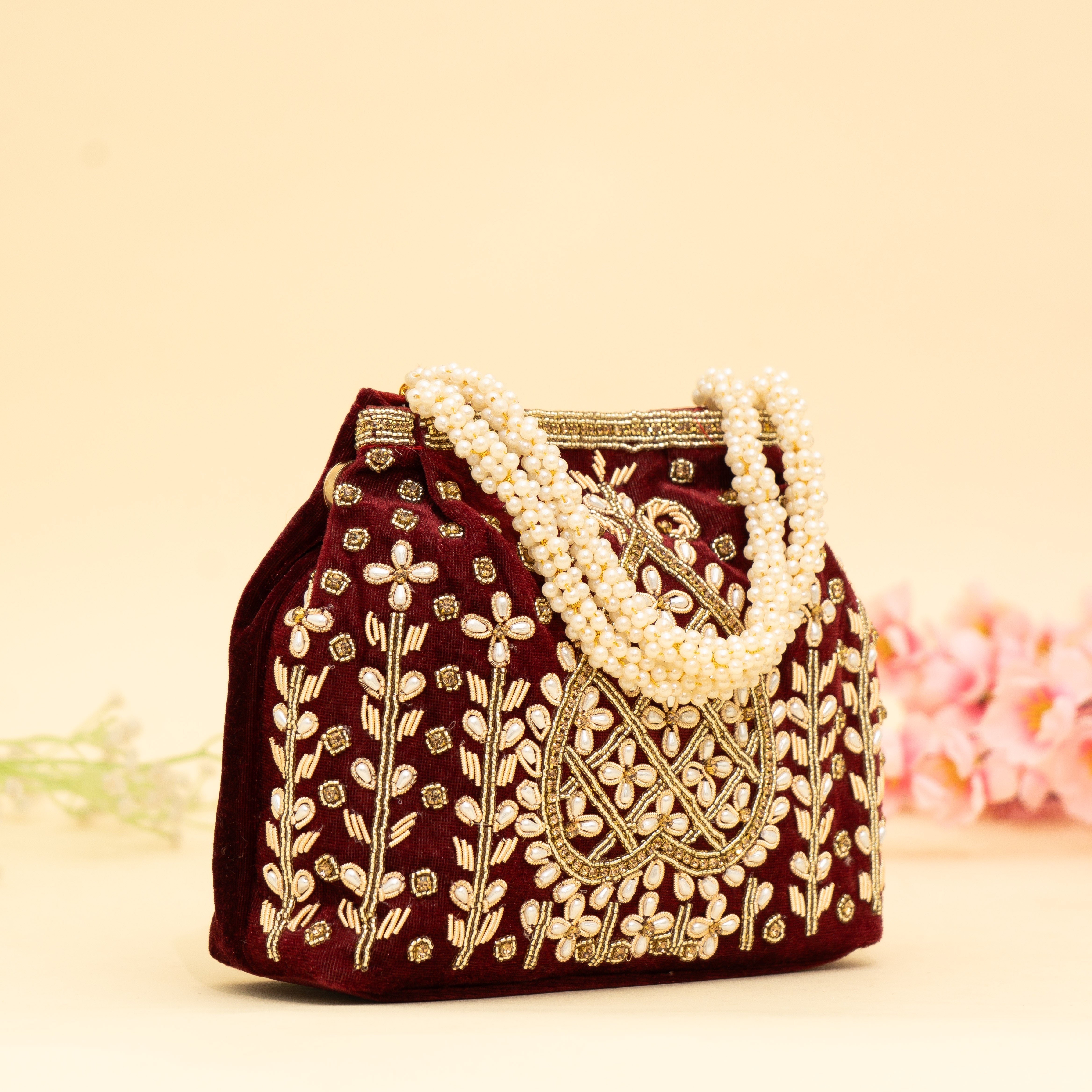 Maroon Lustrous Pearl Embellish Potli