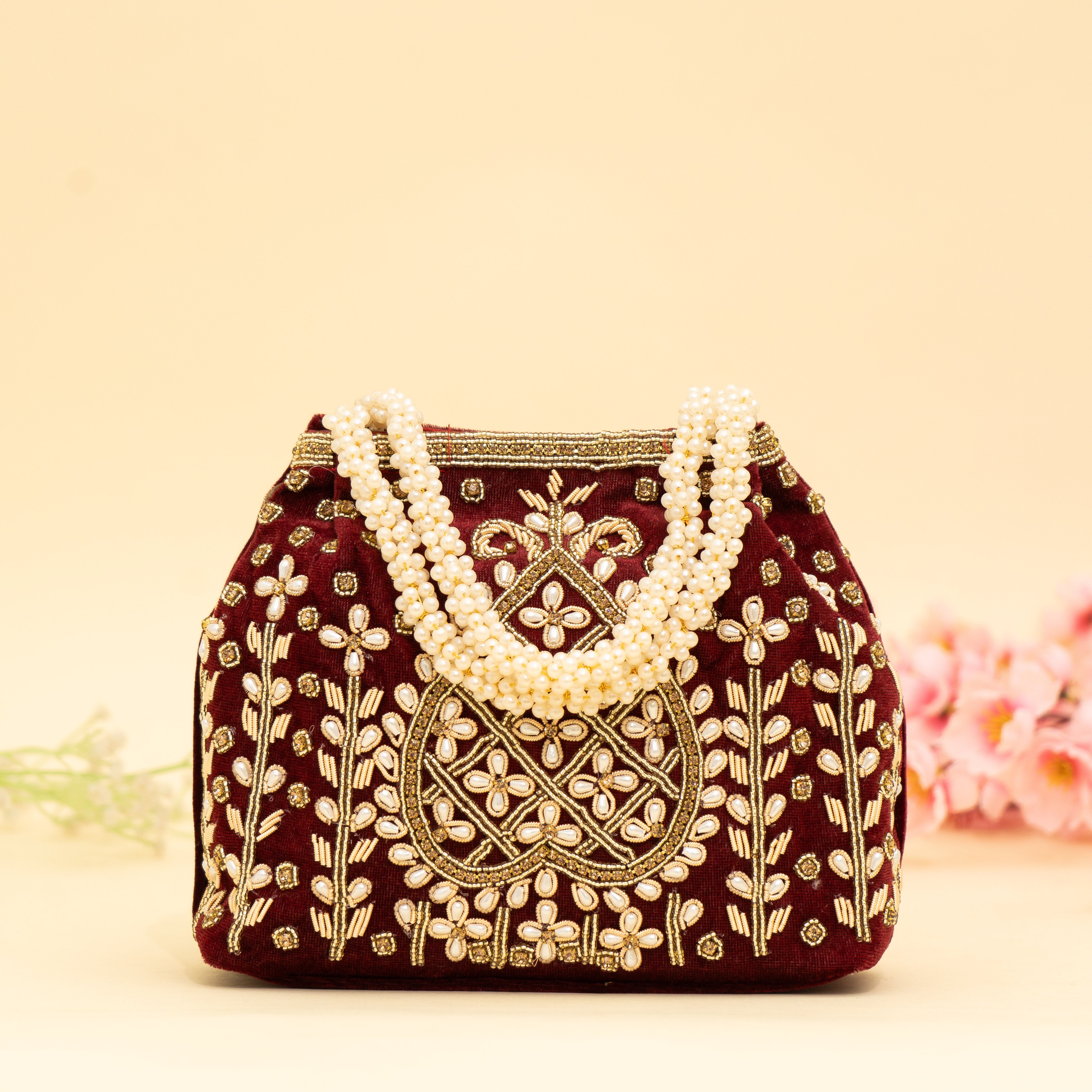 Maroon Lustrous Pearl Embellish Potli