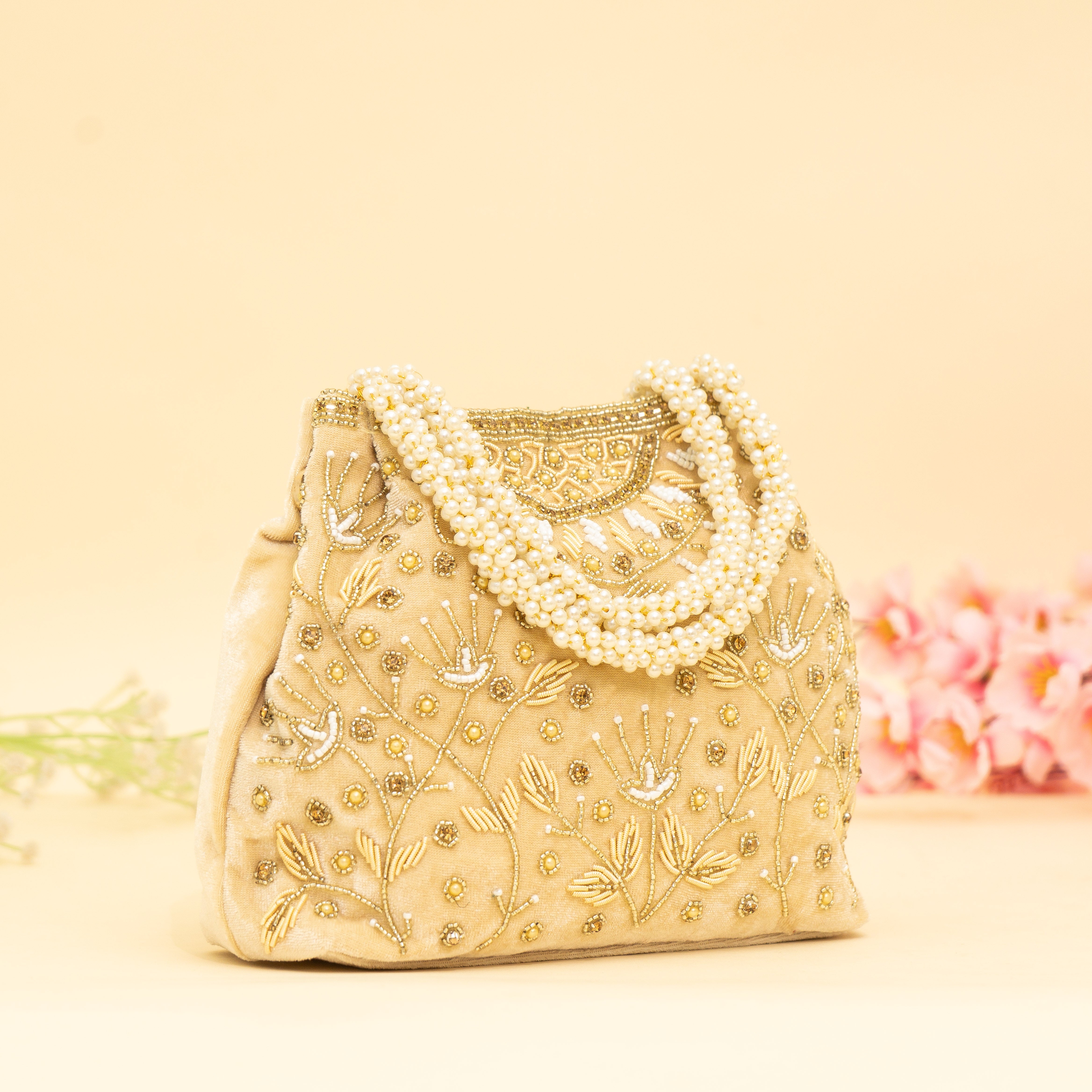 Cream Bridal Pearlstone Velvet Potli