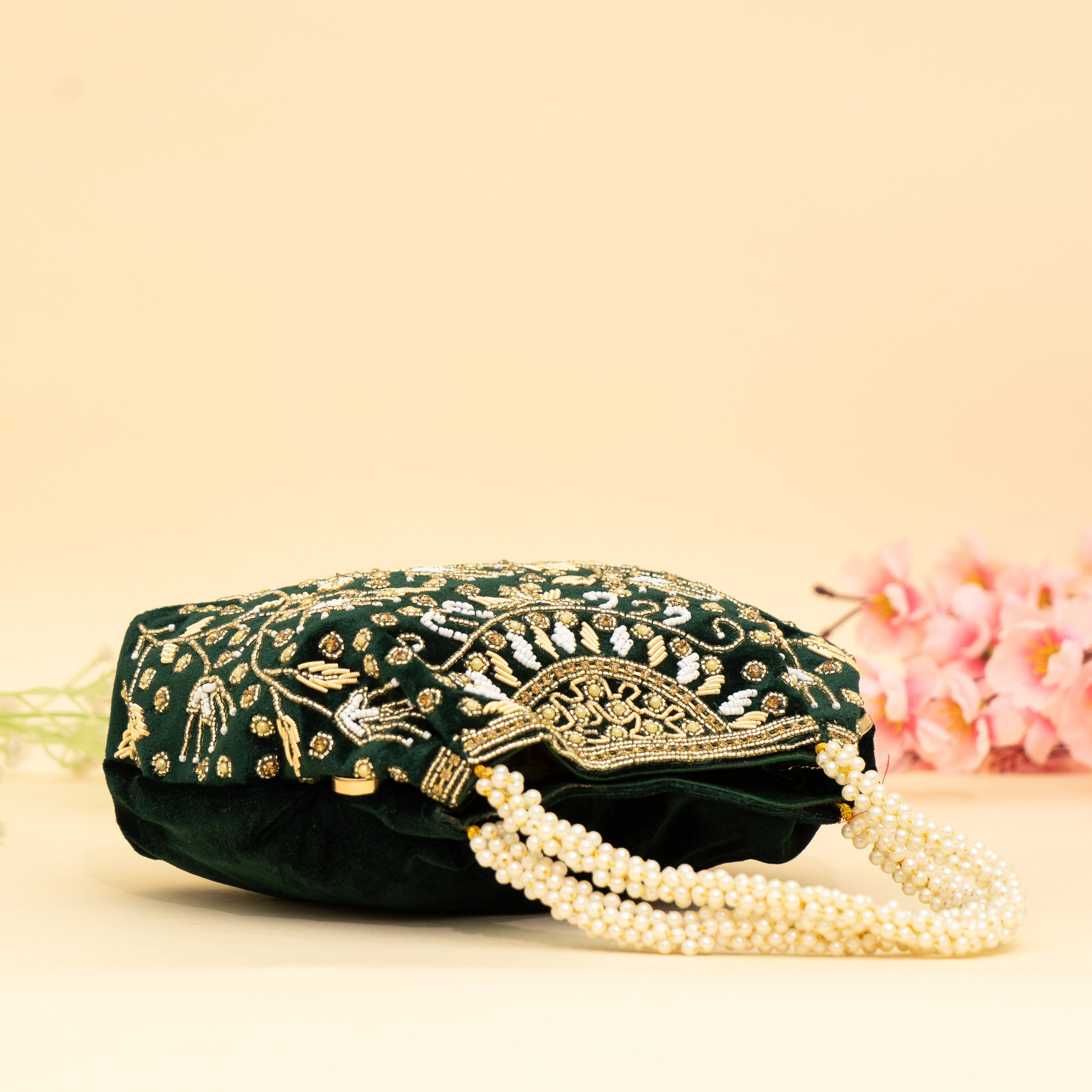 Green Bridal Pearlstone Velvet Potli
