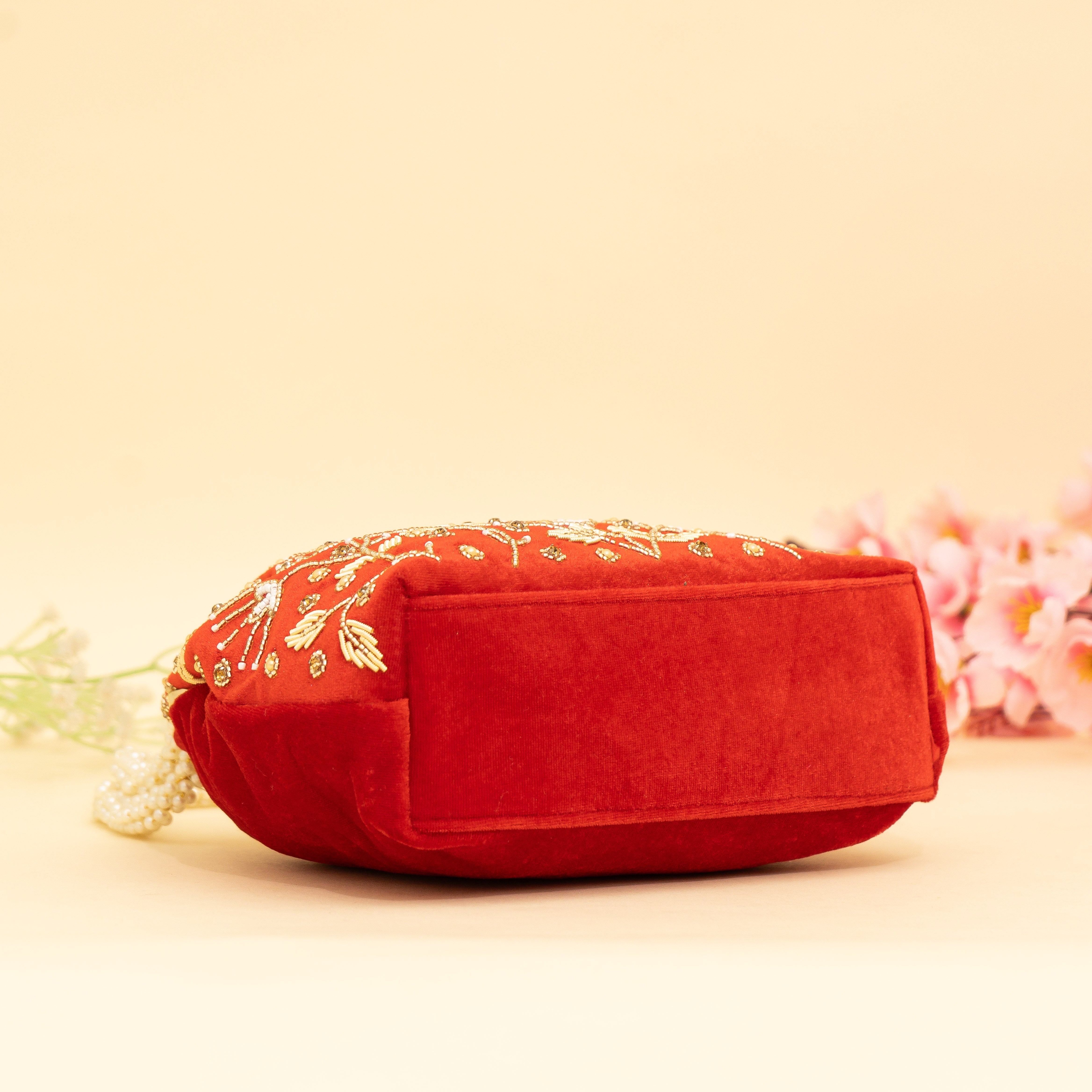 Red Bridal Pearlstone Velvet Potli