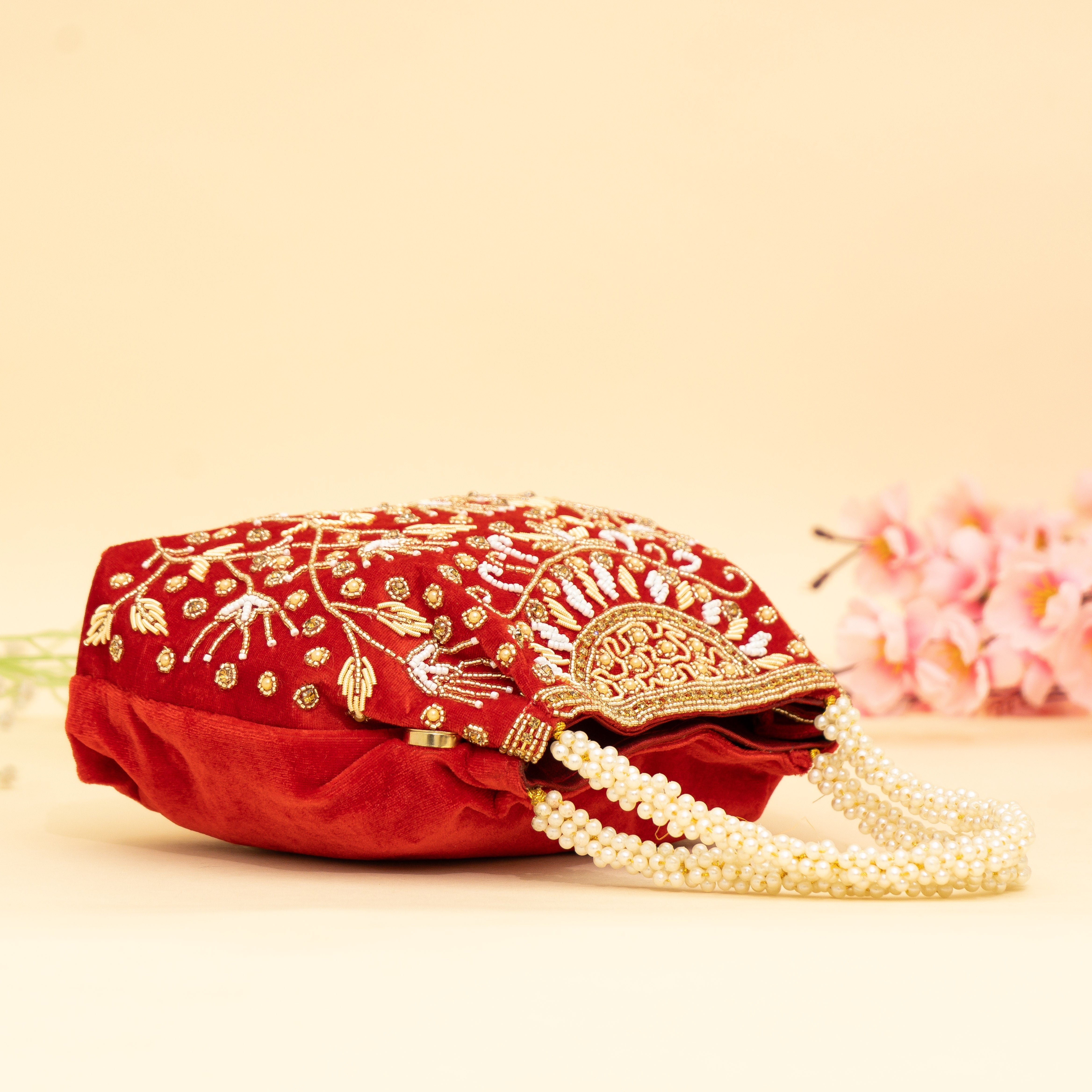 Red Bridal Pearlstone Velvet Potli