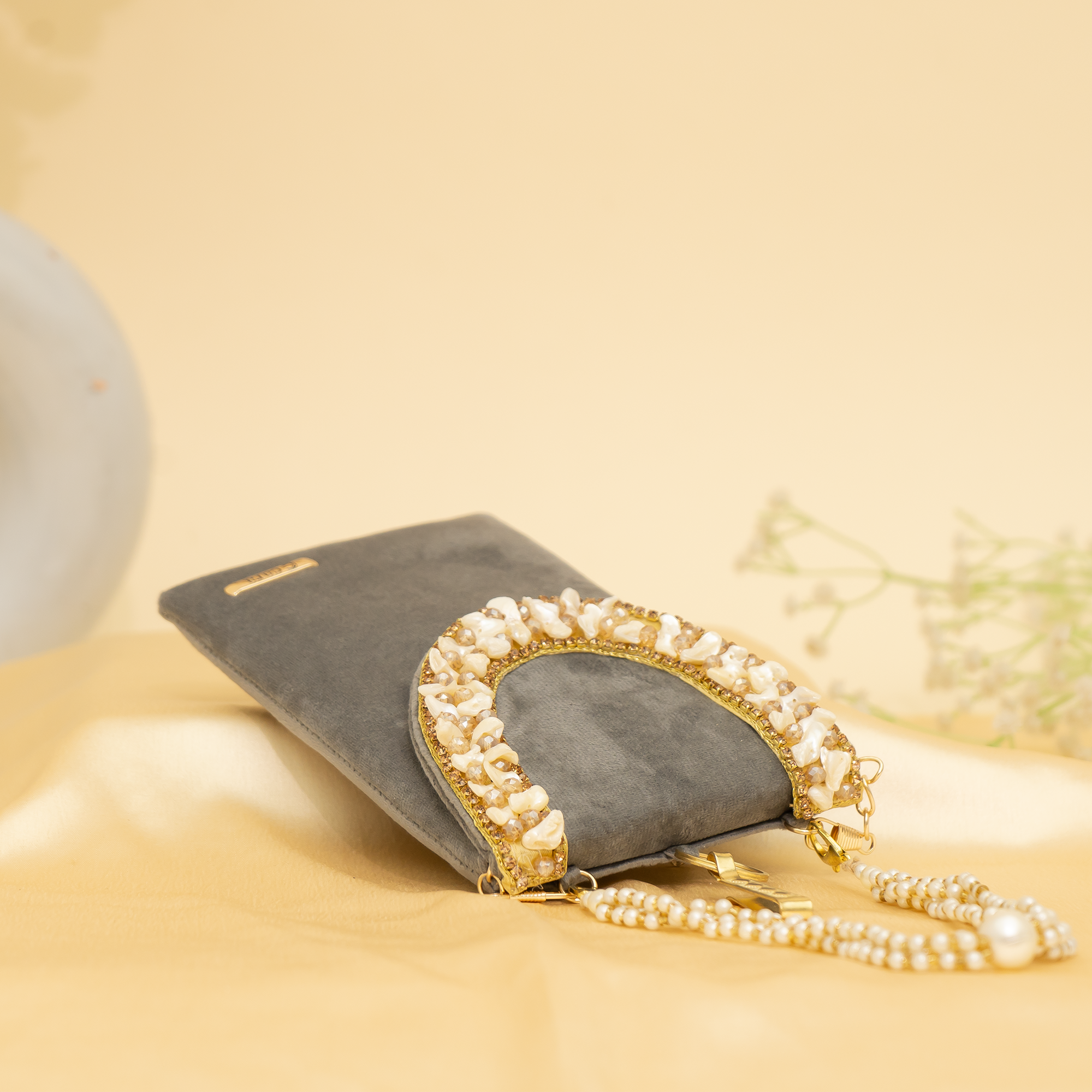 grey Velvet Pearl Mobile Sling| cara