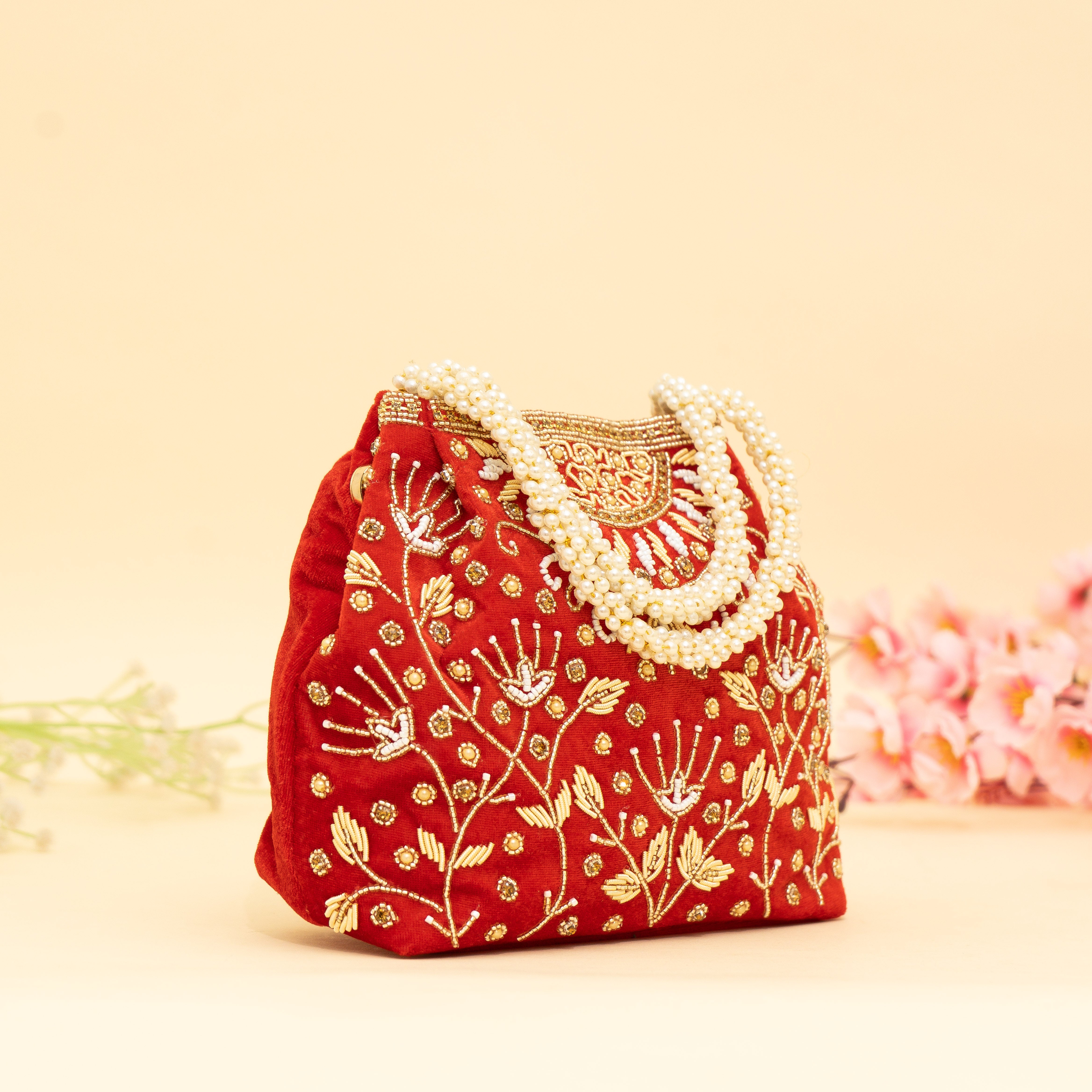 Red Bridal Pearlstone Velvet Potli