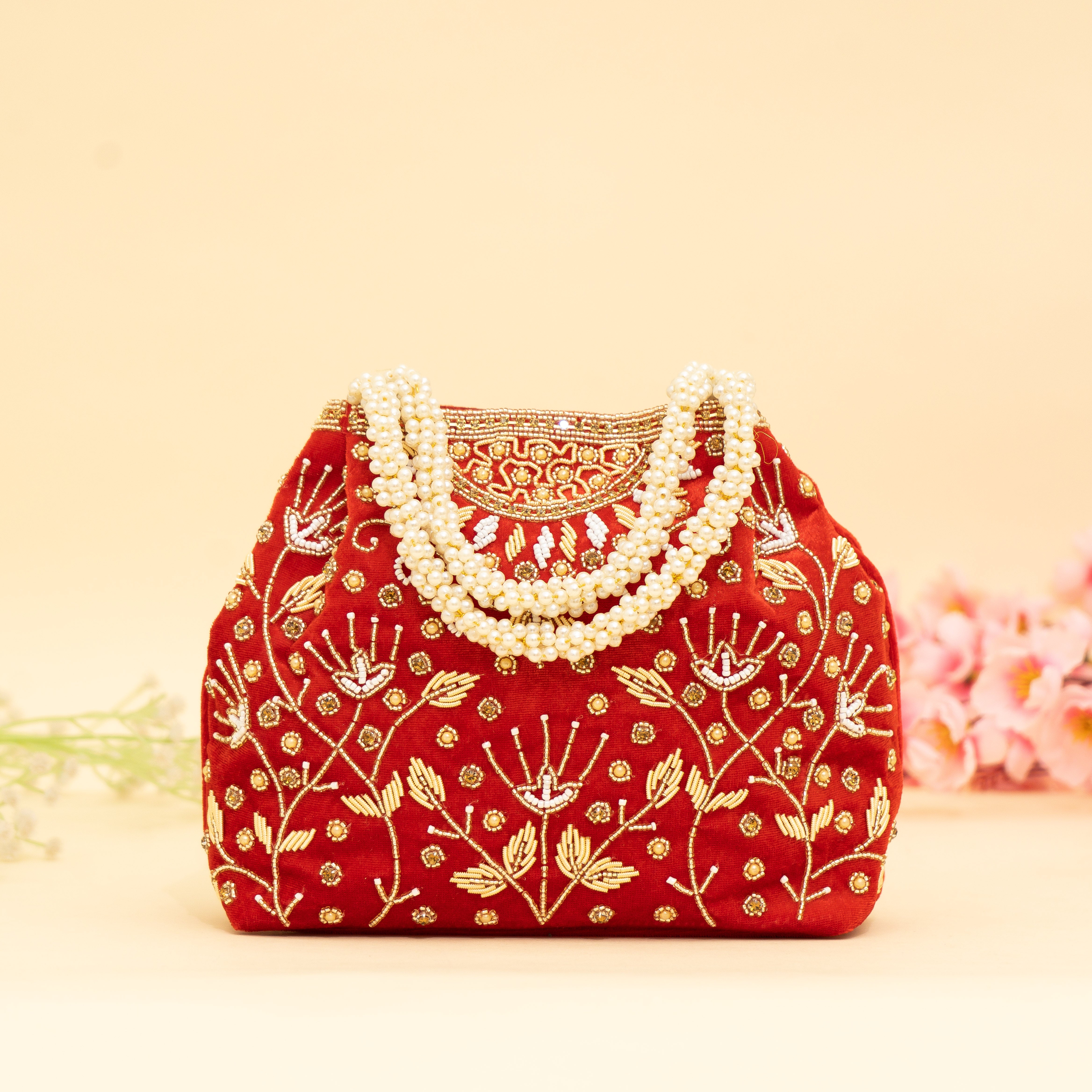 Red Bridal Pearlstone Velvet Potli
