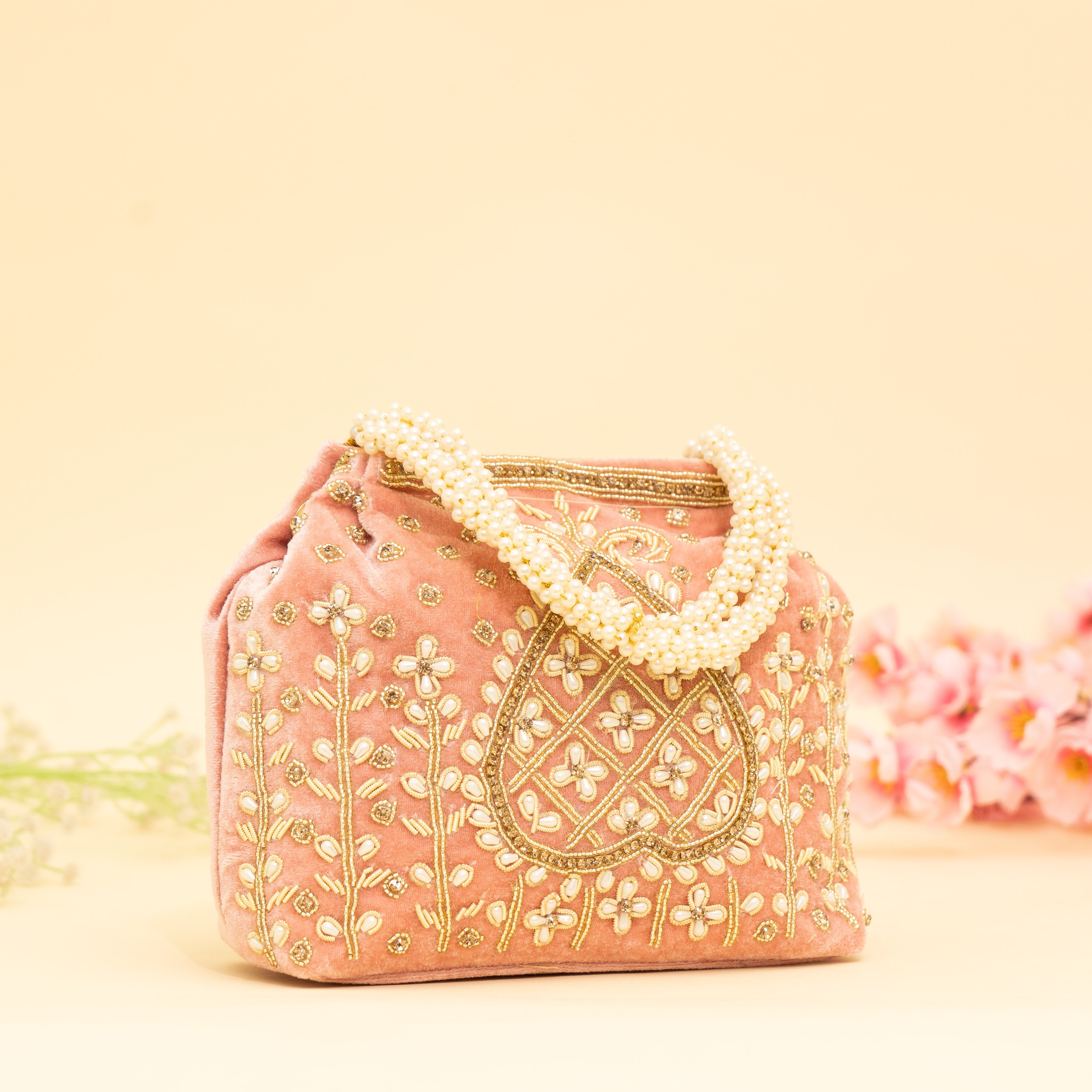 Peach Lustrous Pearl Embellish Potli