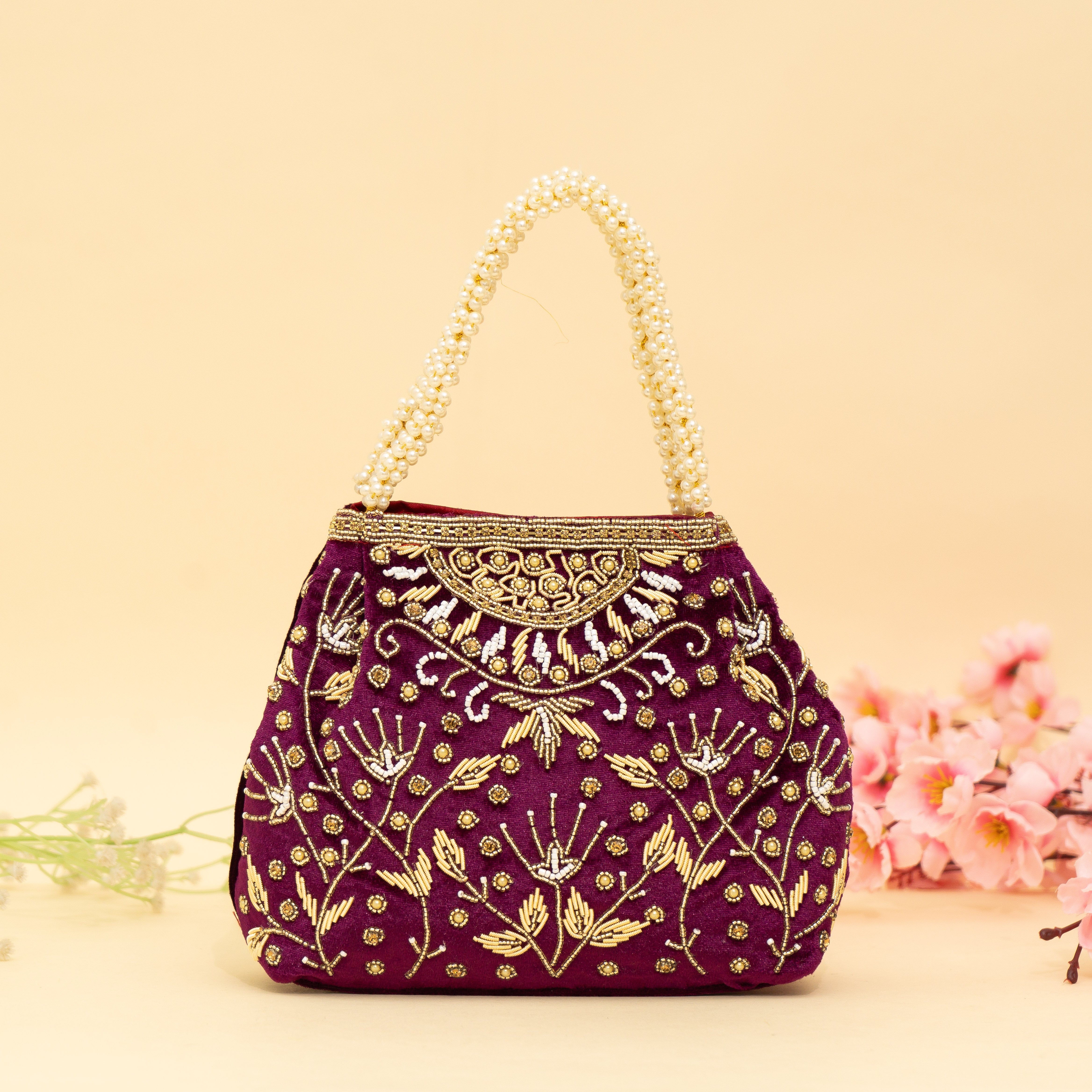 Wine Bridal Pearlstone Velvet Potli