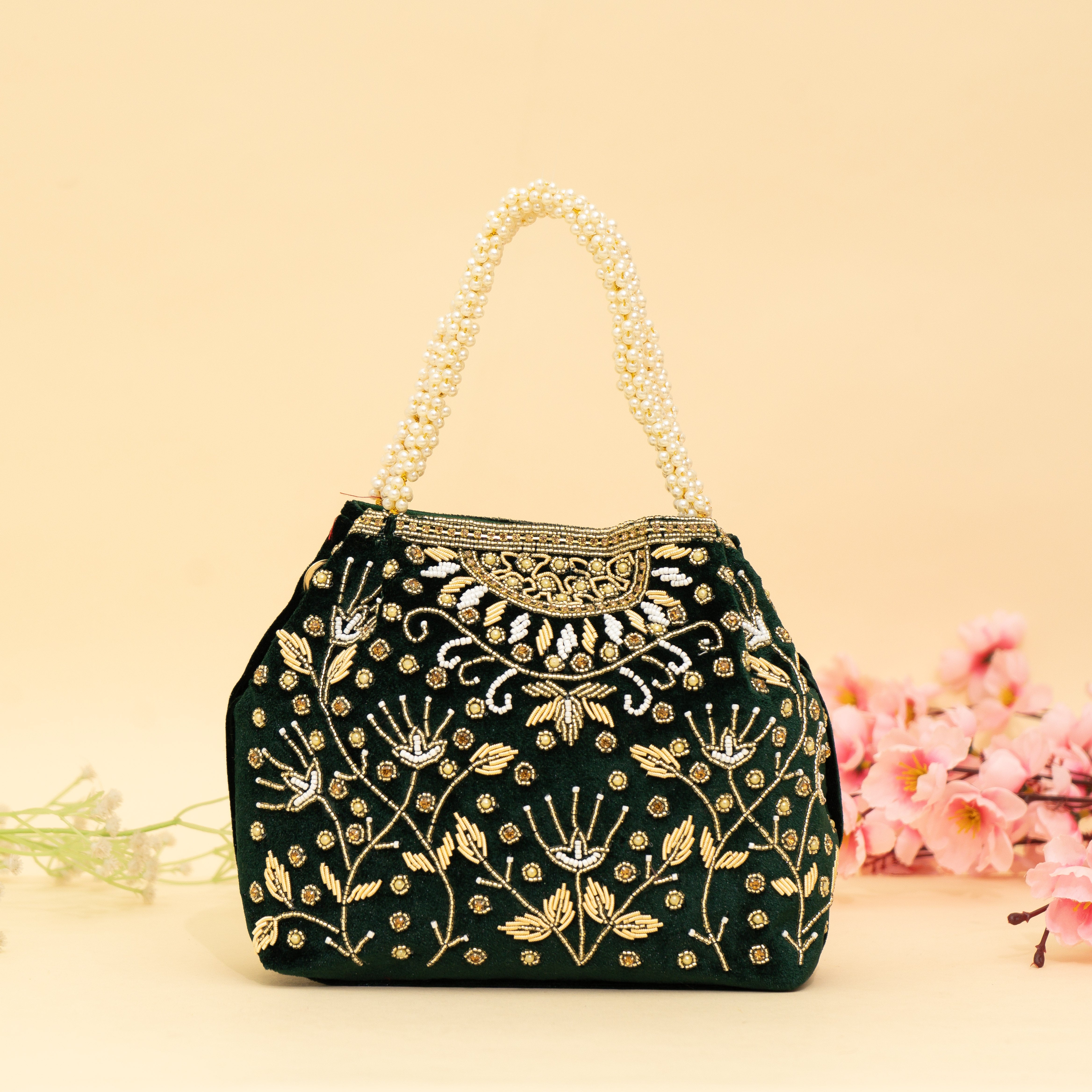 Green Bridal Pearlstone Velvet Potli