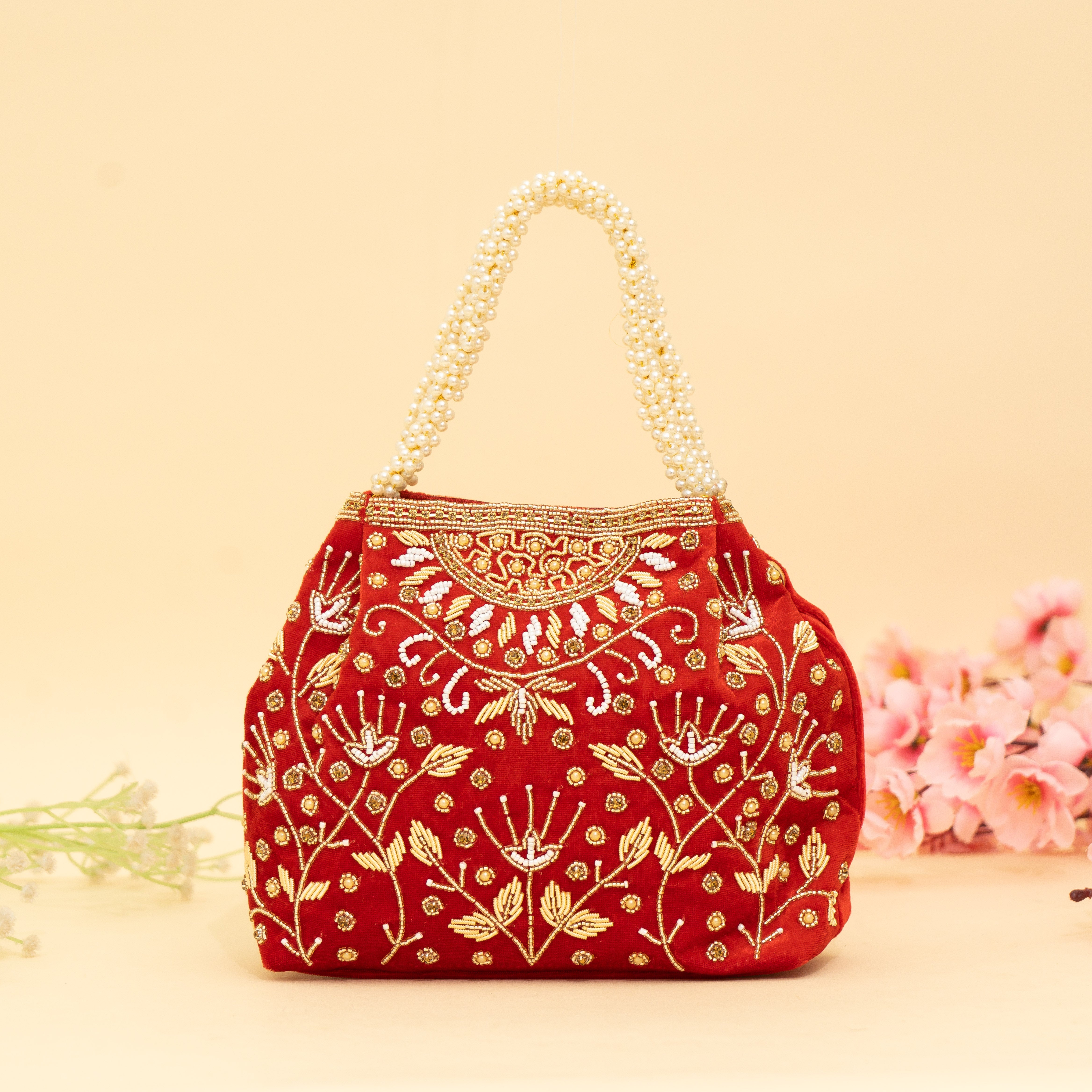 Red Bridal Pearlstone Velvet Potli