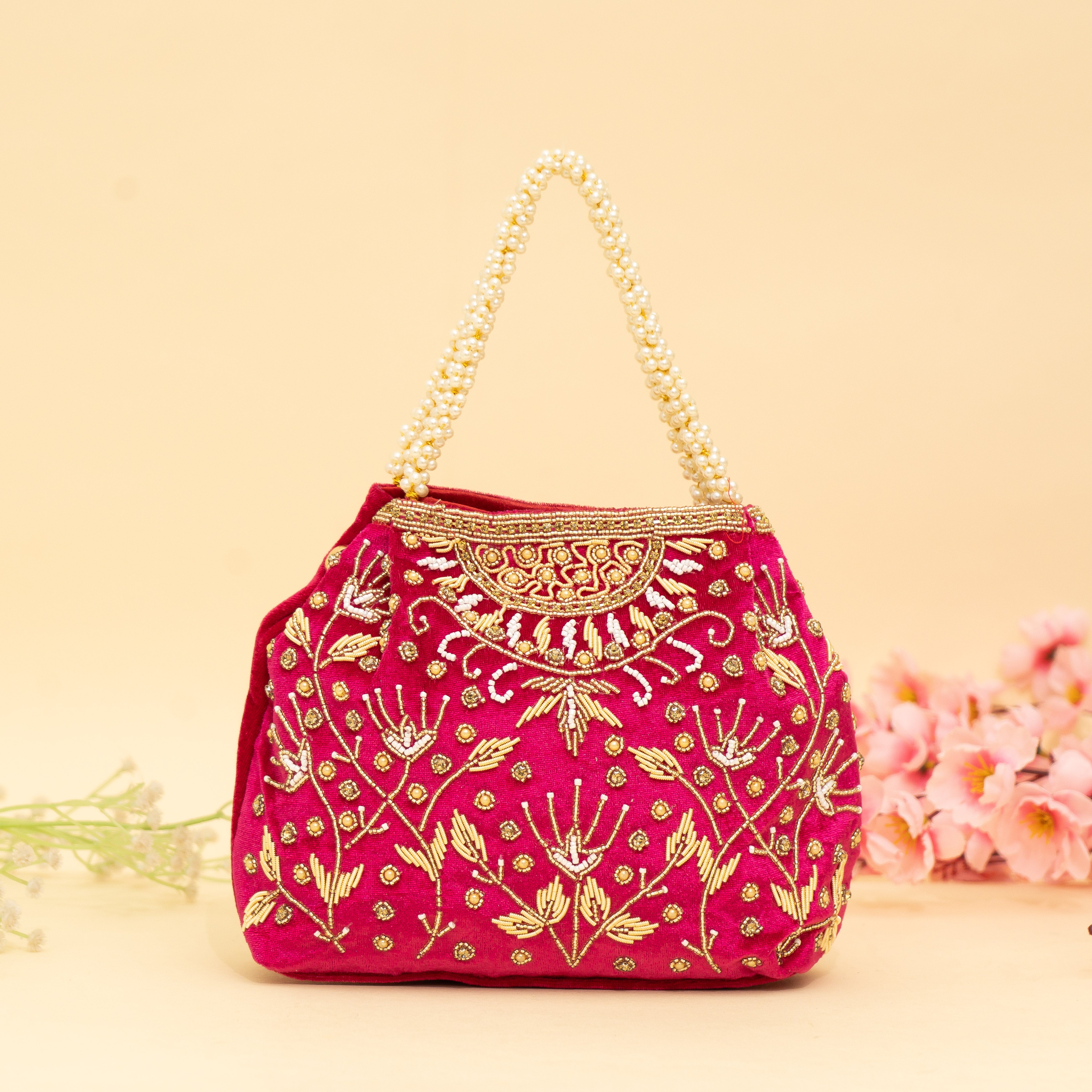 Pink Bridal Pearlstone Velvet Potli