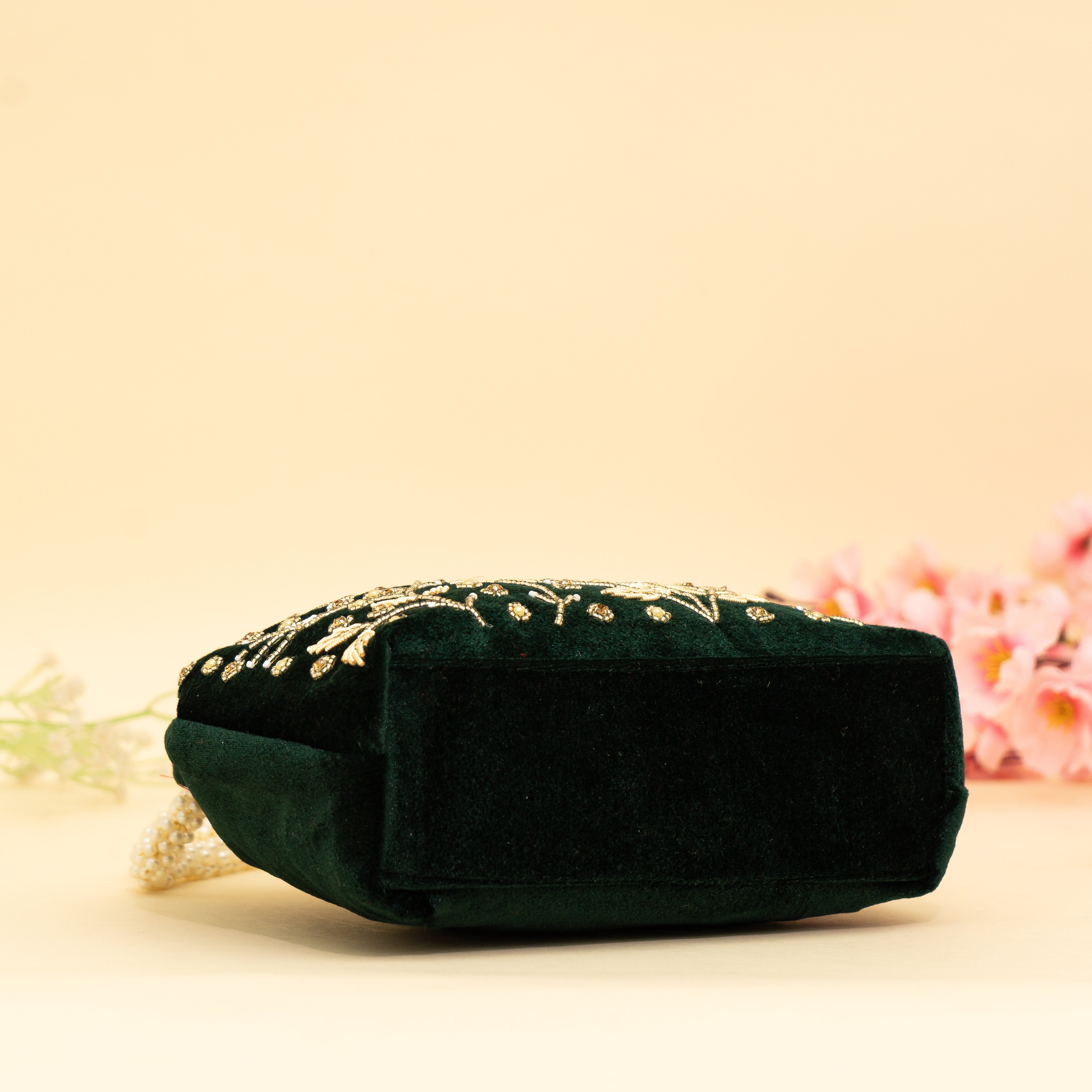 Green Bridal Pearlstone Velvet Potli