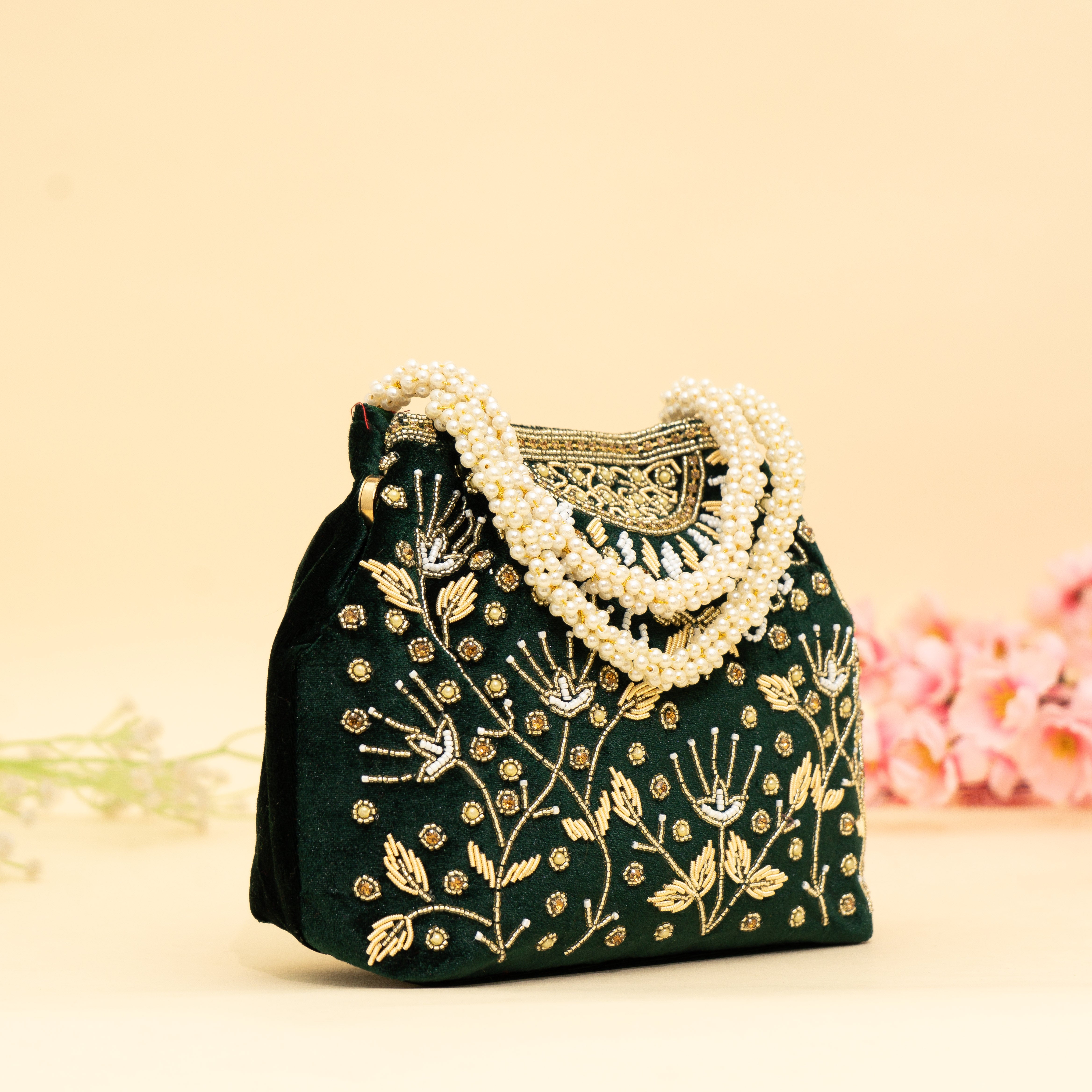 Green Bridal Pearlstone Velvet Potli