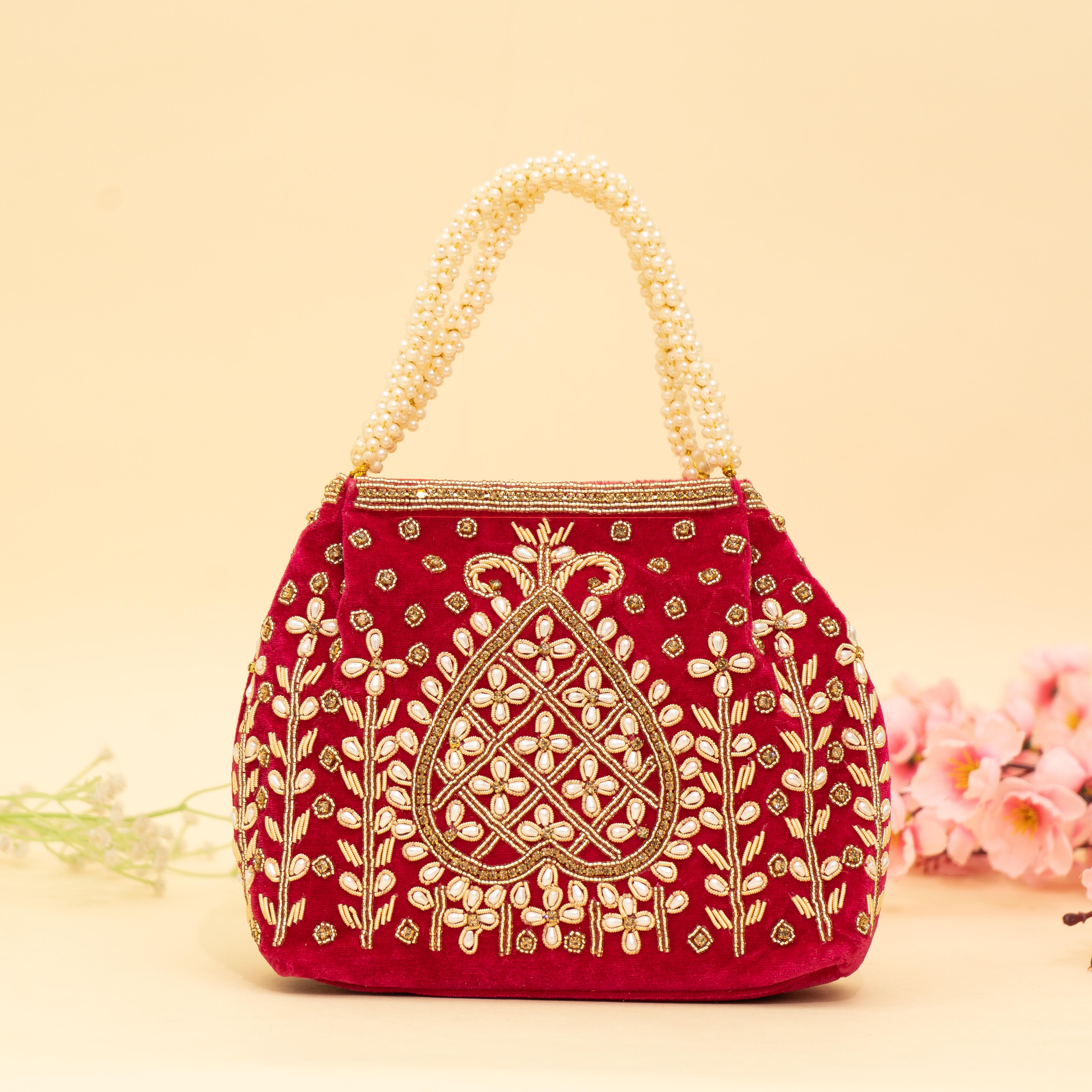 Red Lustrous Pearl Embellish Potli