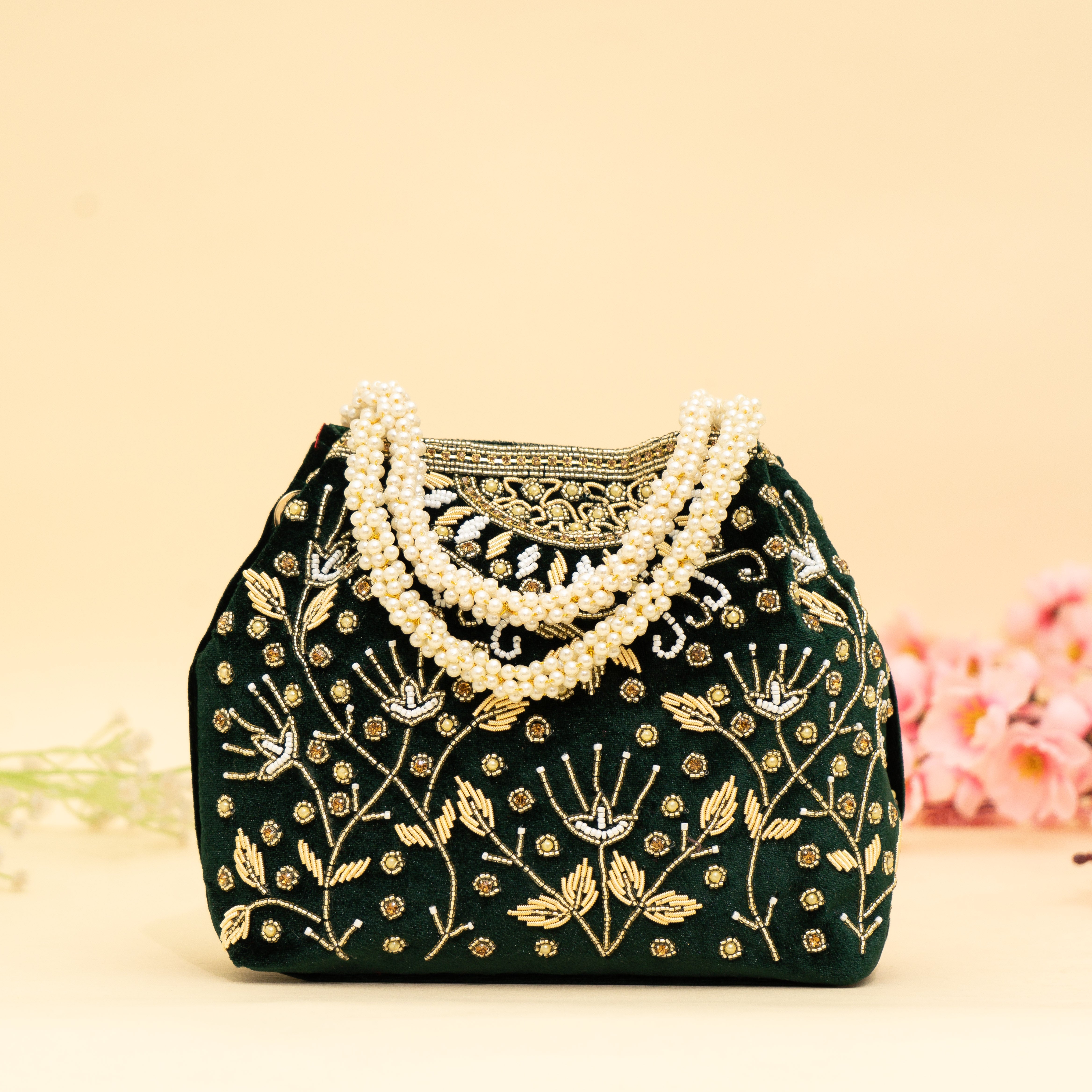 Green Bridal Pearlstone Velvet Potli
