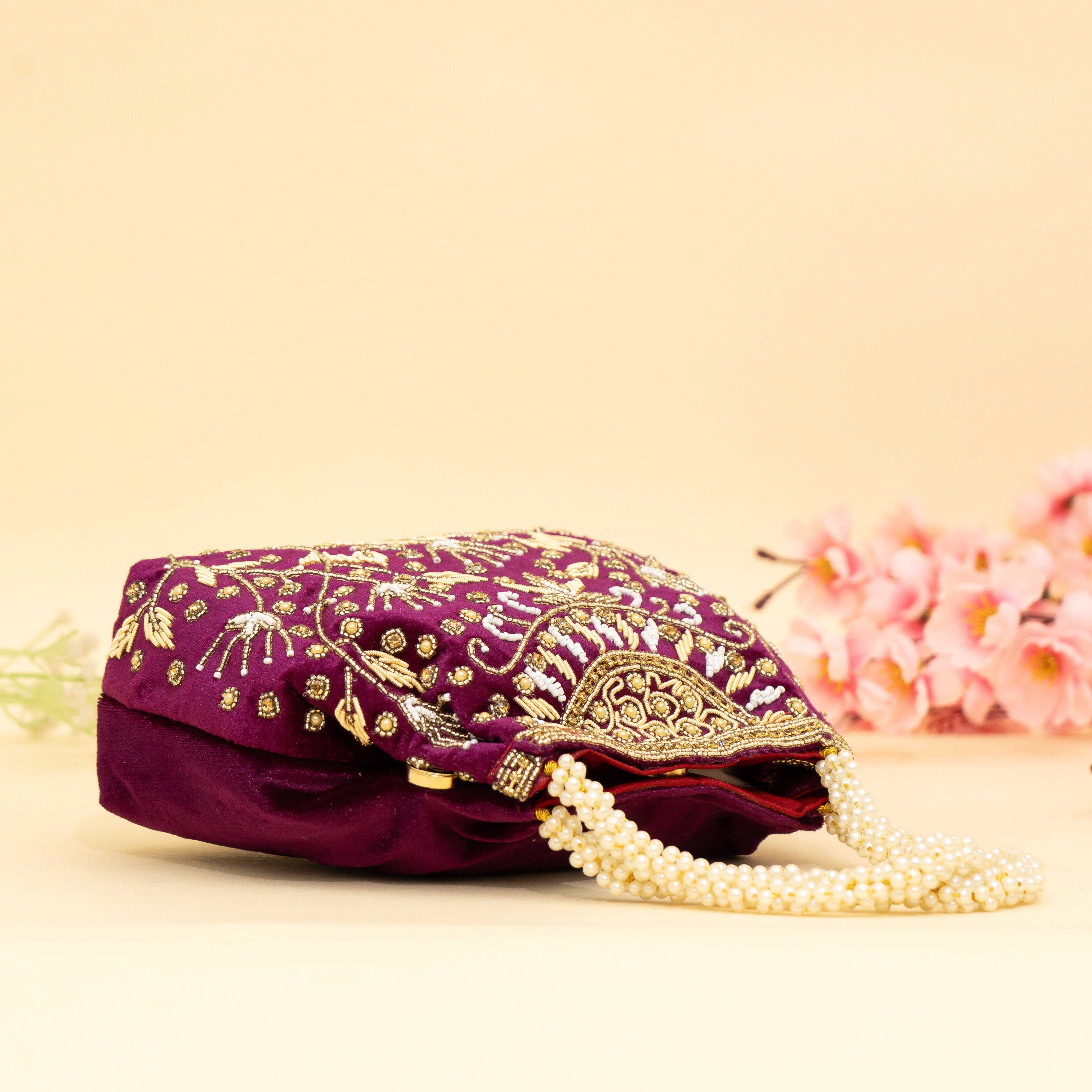 Wine Bridal Pearlstone Velvet Potli
