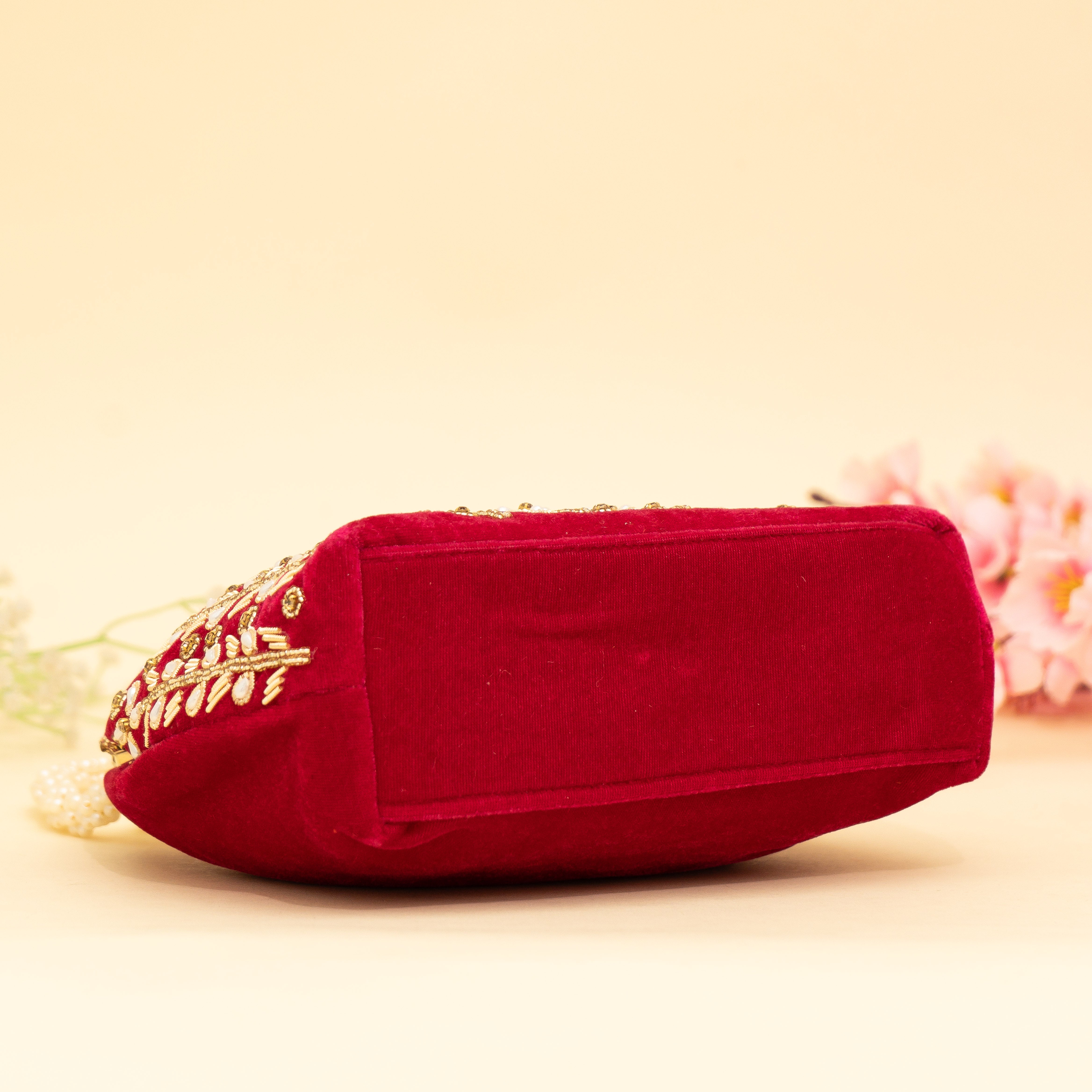Red Lustrous Pearl Embellish Potli