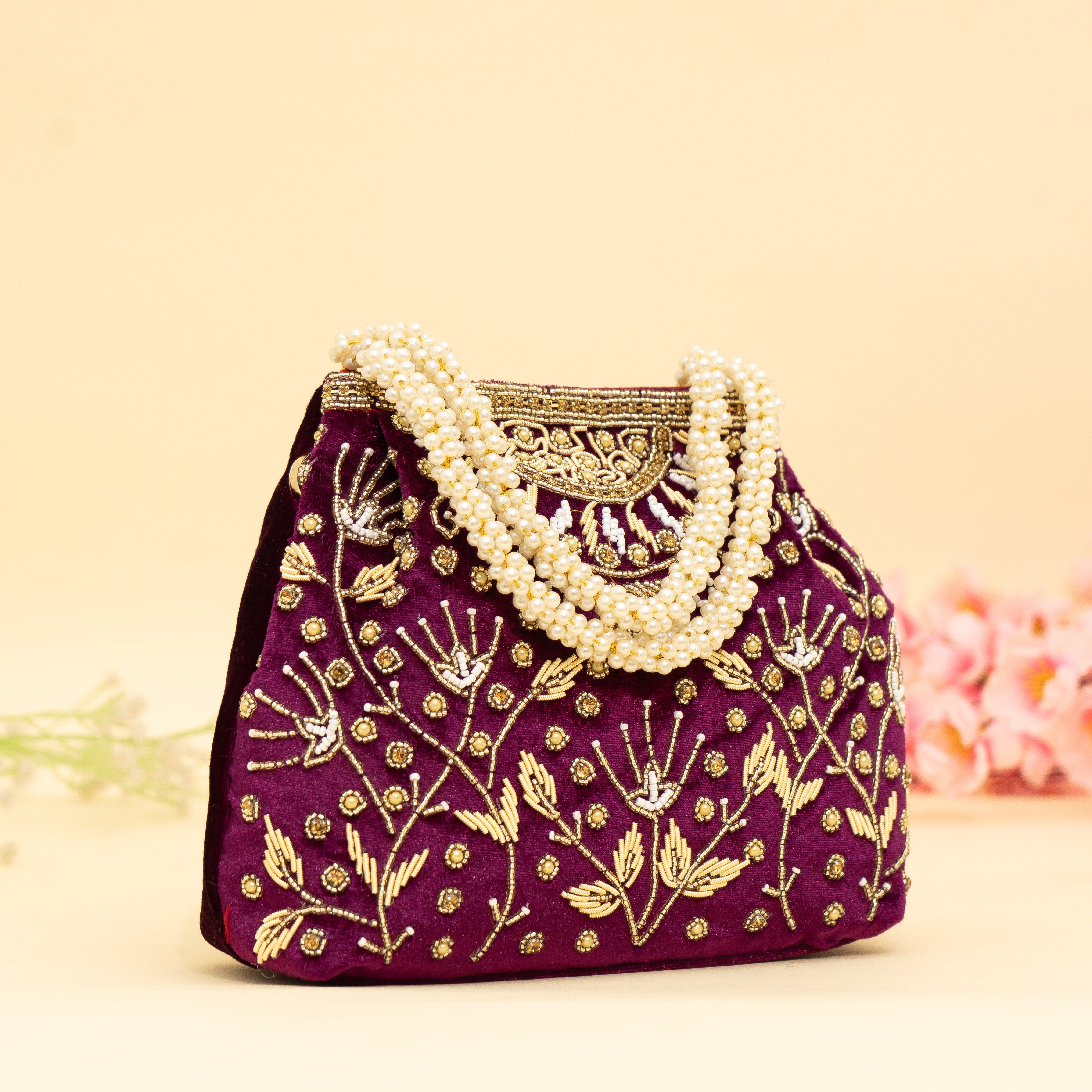 Wine Bridal Pearlstone Velvet Potli