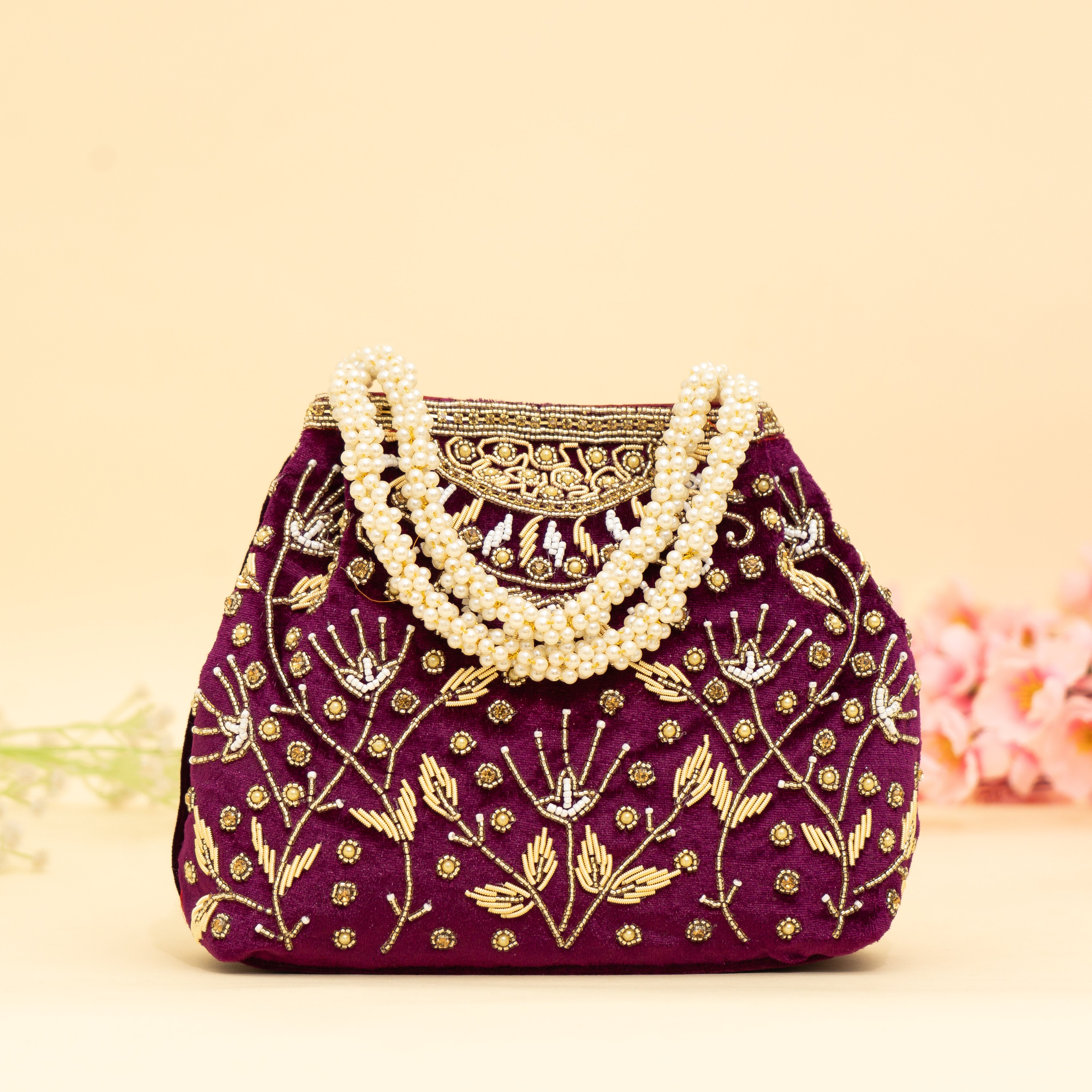 Wine Bridal Pearlstone Velvet Potli