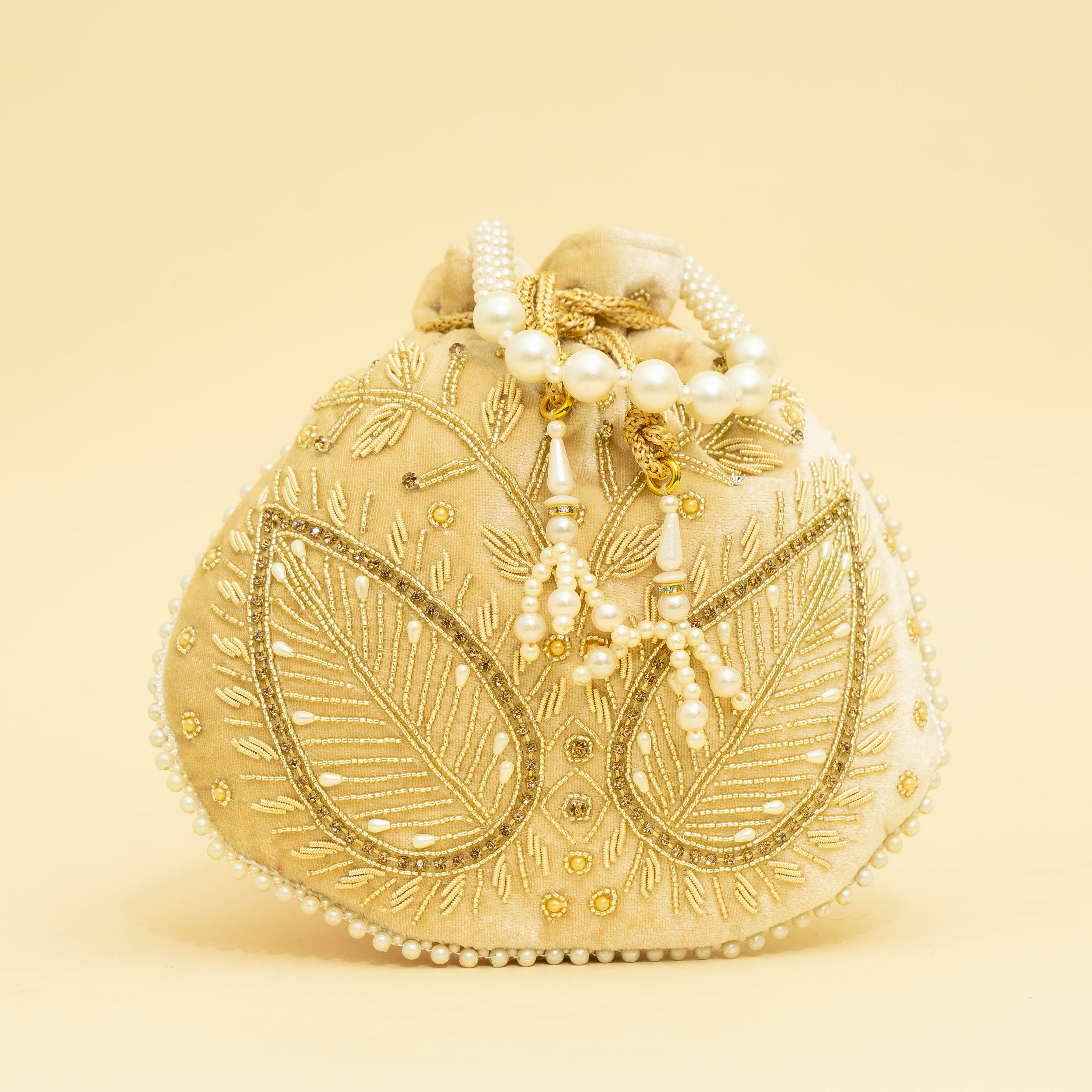 Cream Velvet Jewel Matka Potli | CARA