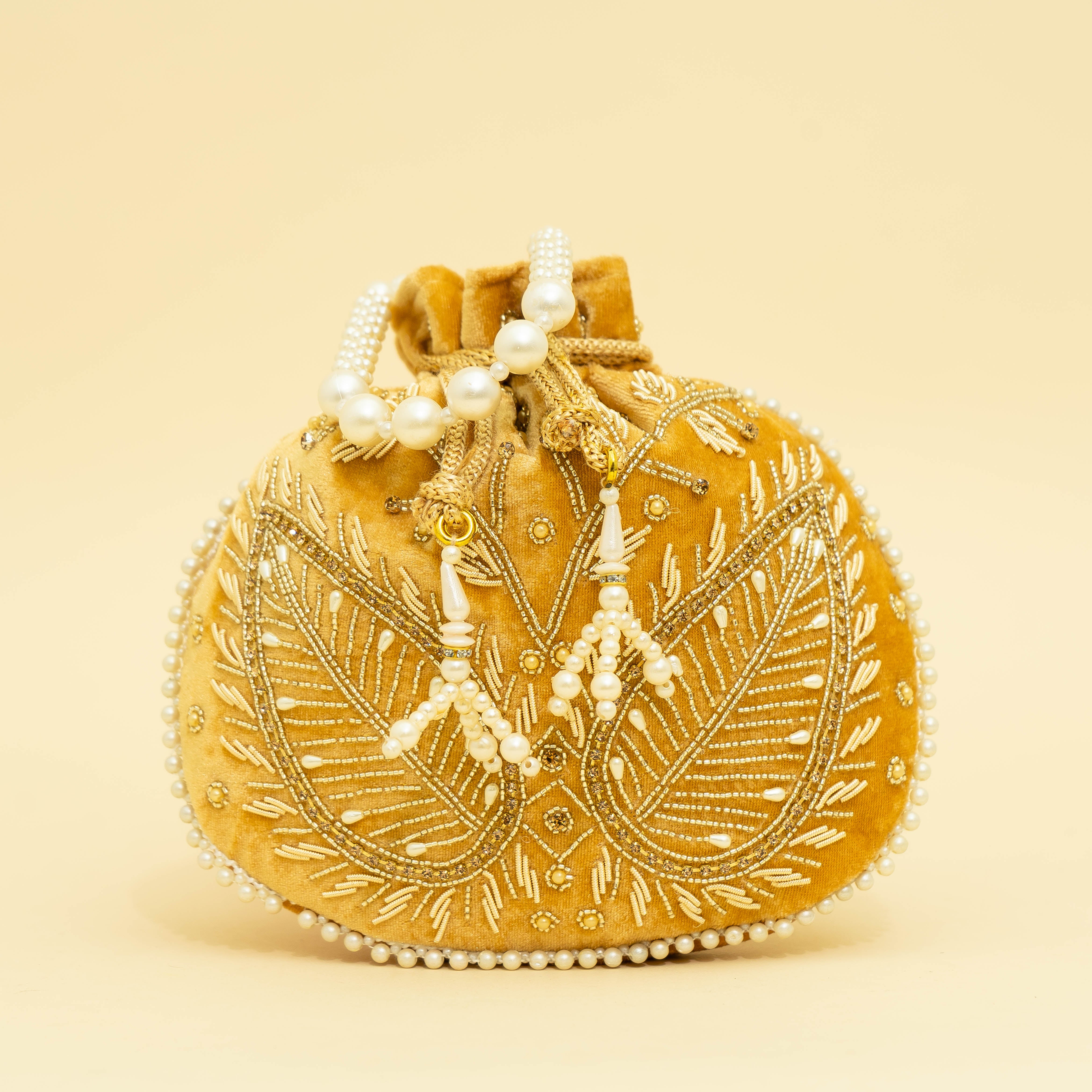 Yellow Velvet Jewel Matka Potli | CARA