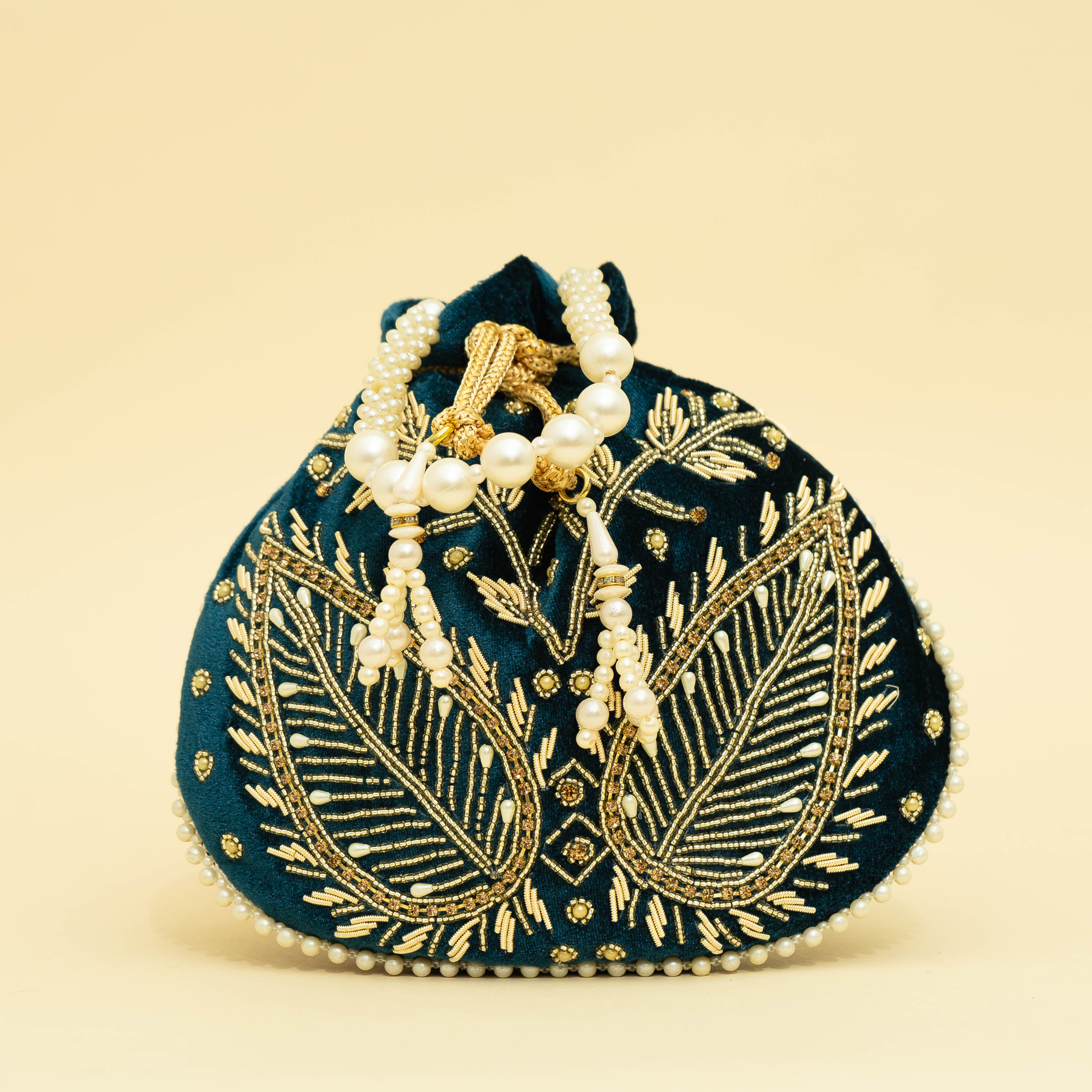 Teal Blue Velvet Jewel Matka Potli | CARA