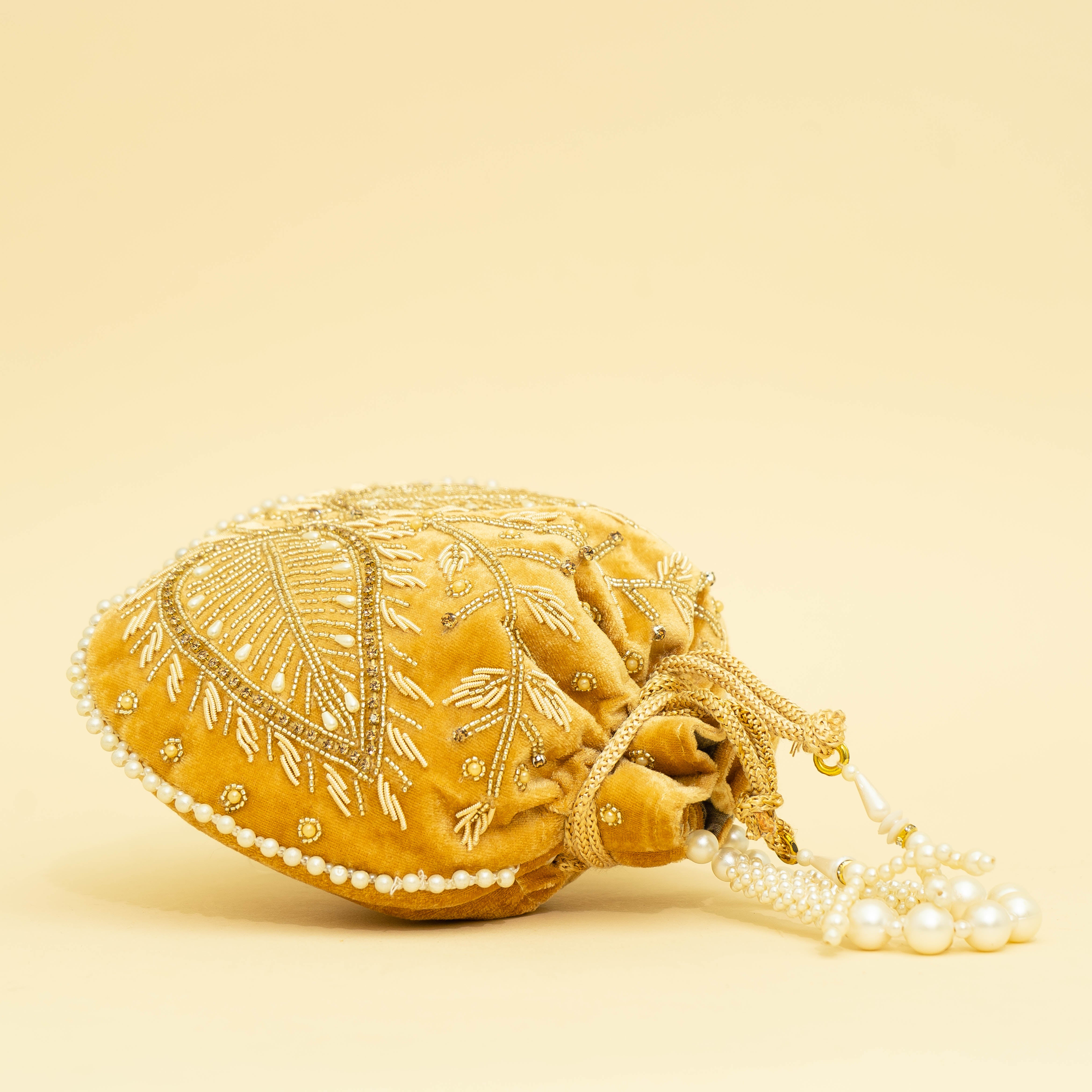 Yellow Velvet Jewel Matka Potli | CARA