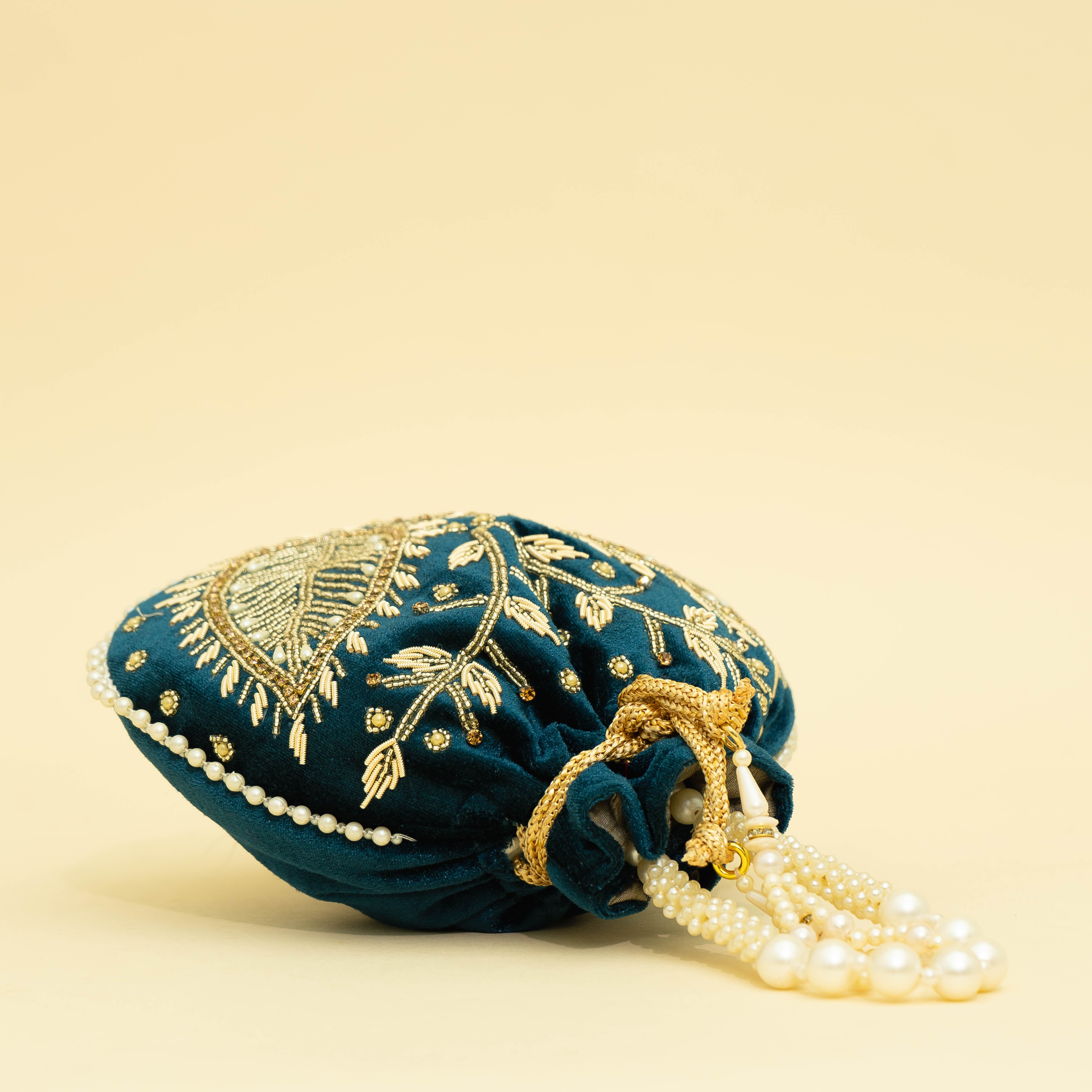 Teal Blue Velvet Jewel Matka Potli | CARA
