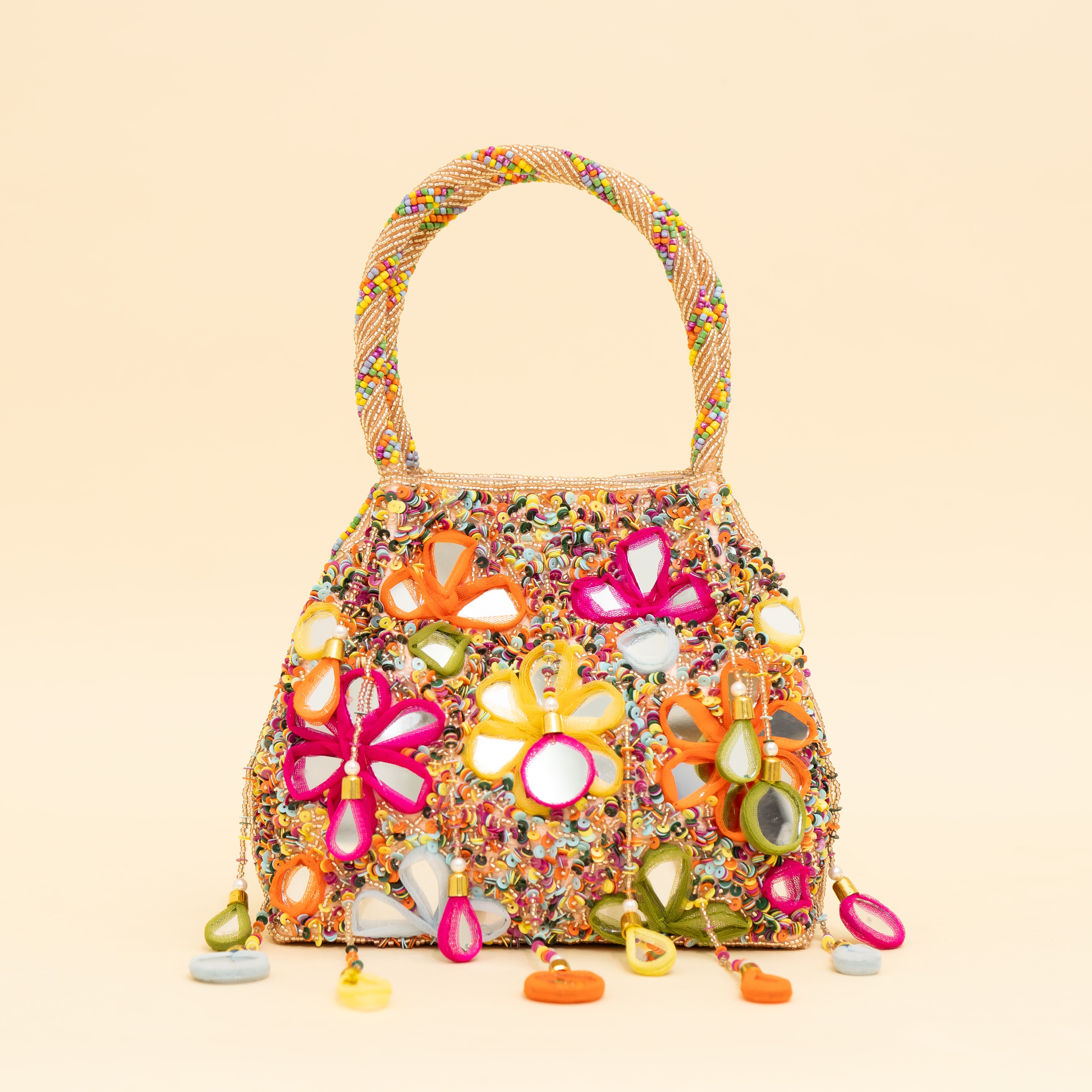 Rose Gold Multicoloured Embellished Heavy Mirror Work Potli