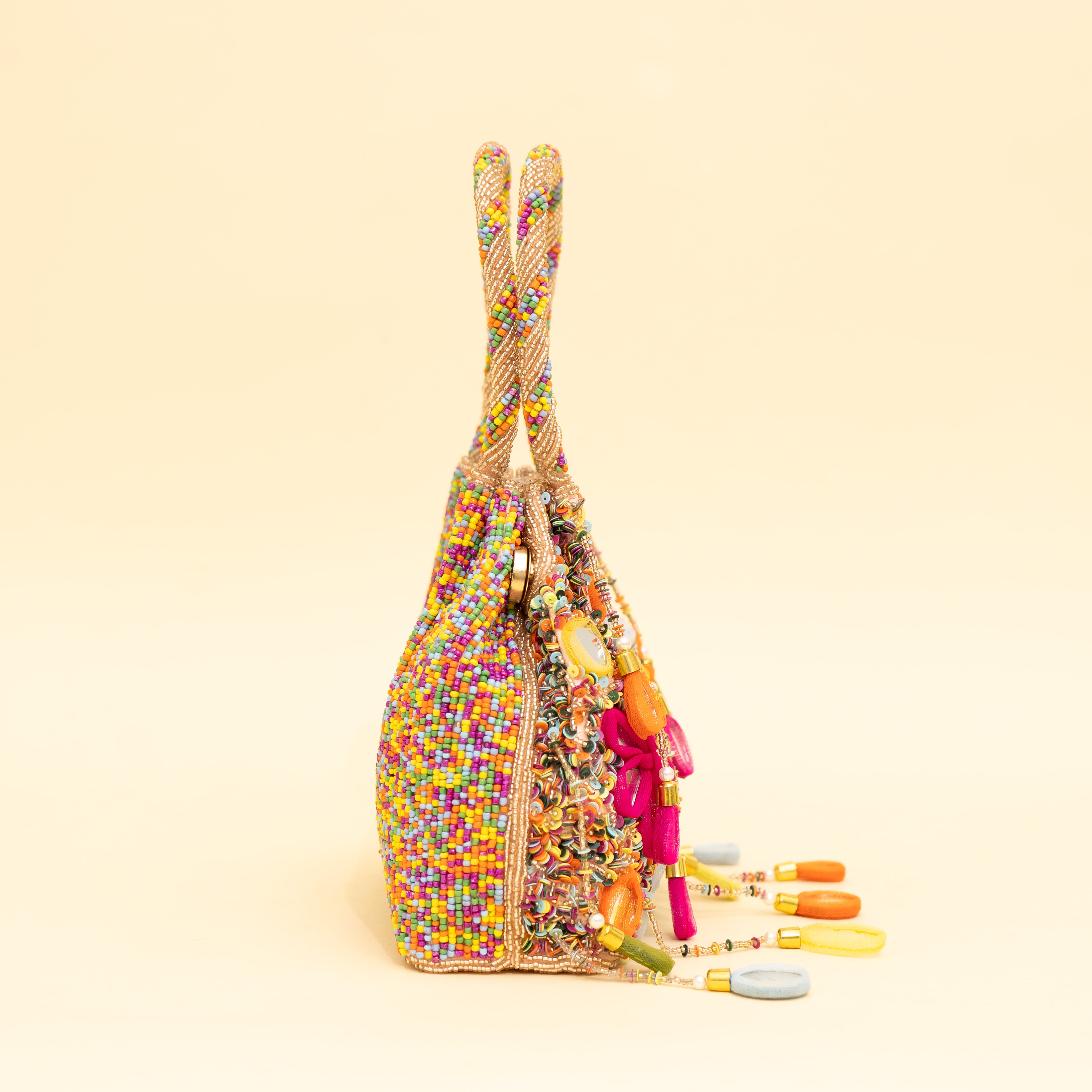 Rose Gold Multicoloured Embellished Heavy Mirror Work Potli