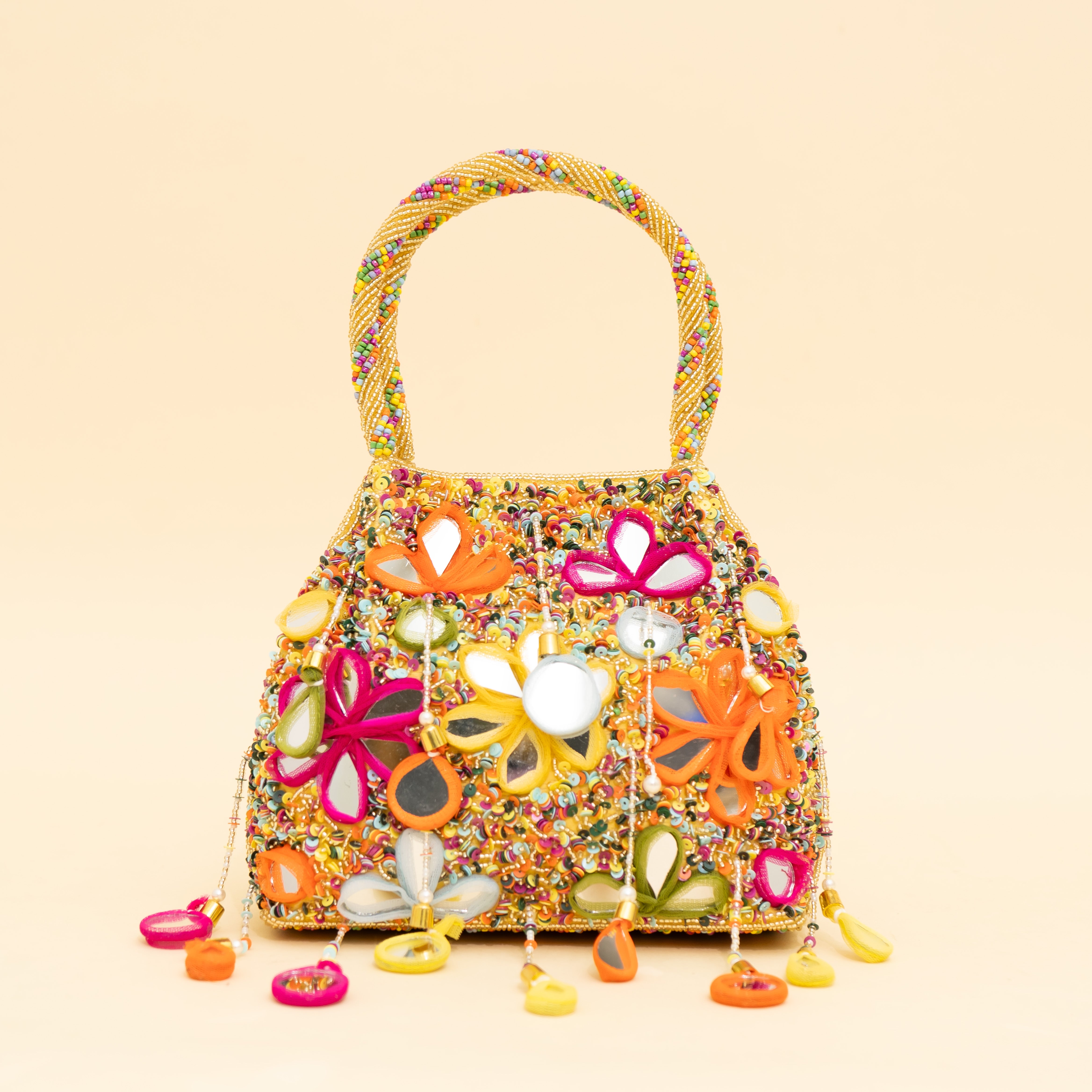 Gold Multicoloured Embellished Heavy Mirror Work Potli