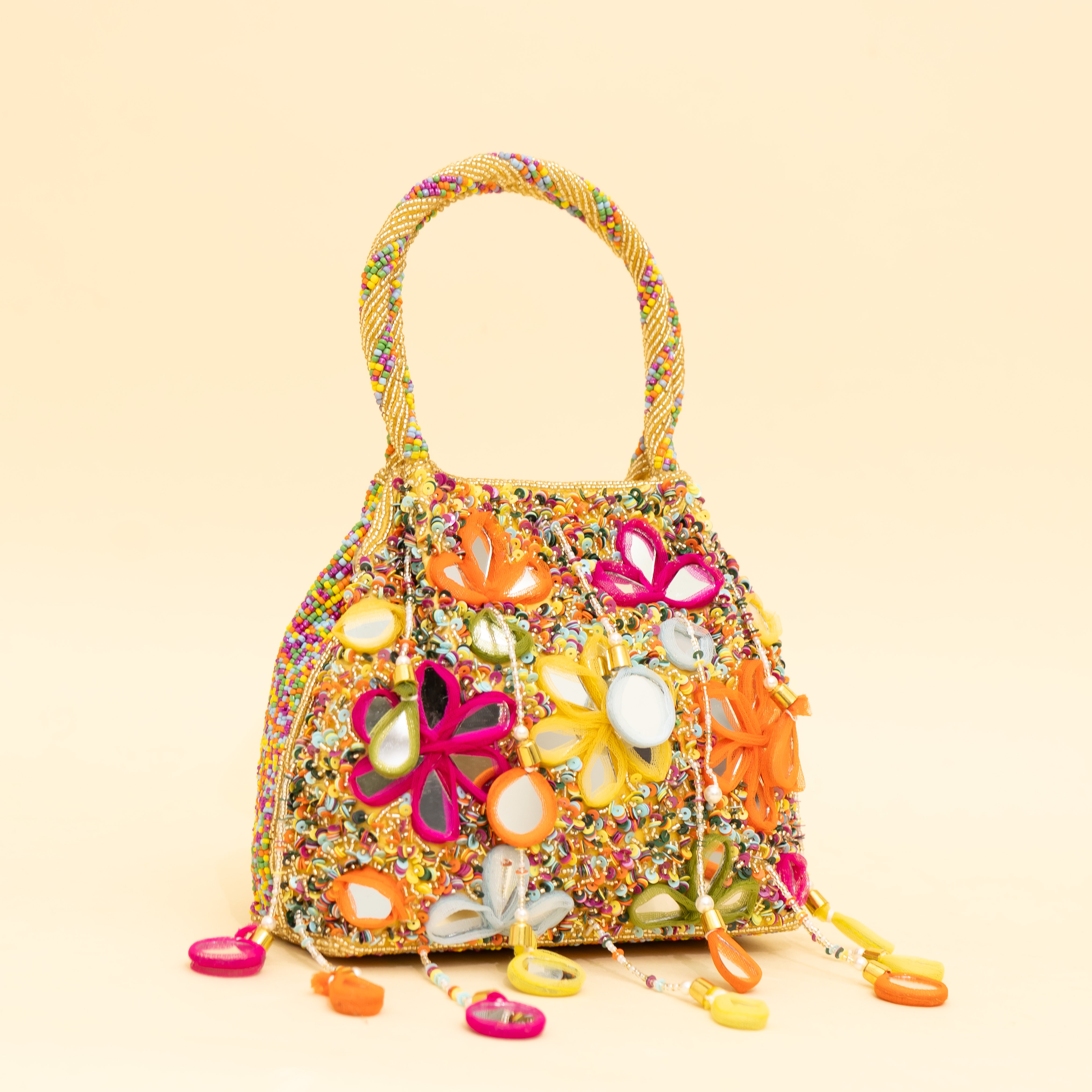 Gold Multicoloured Embellished Heavy Mirror Work Potli