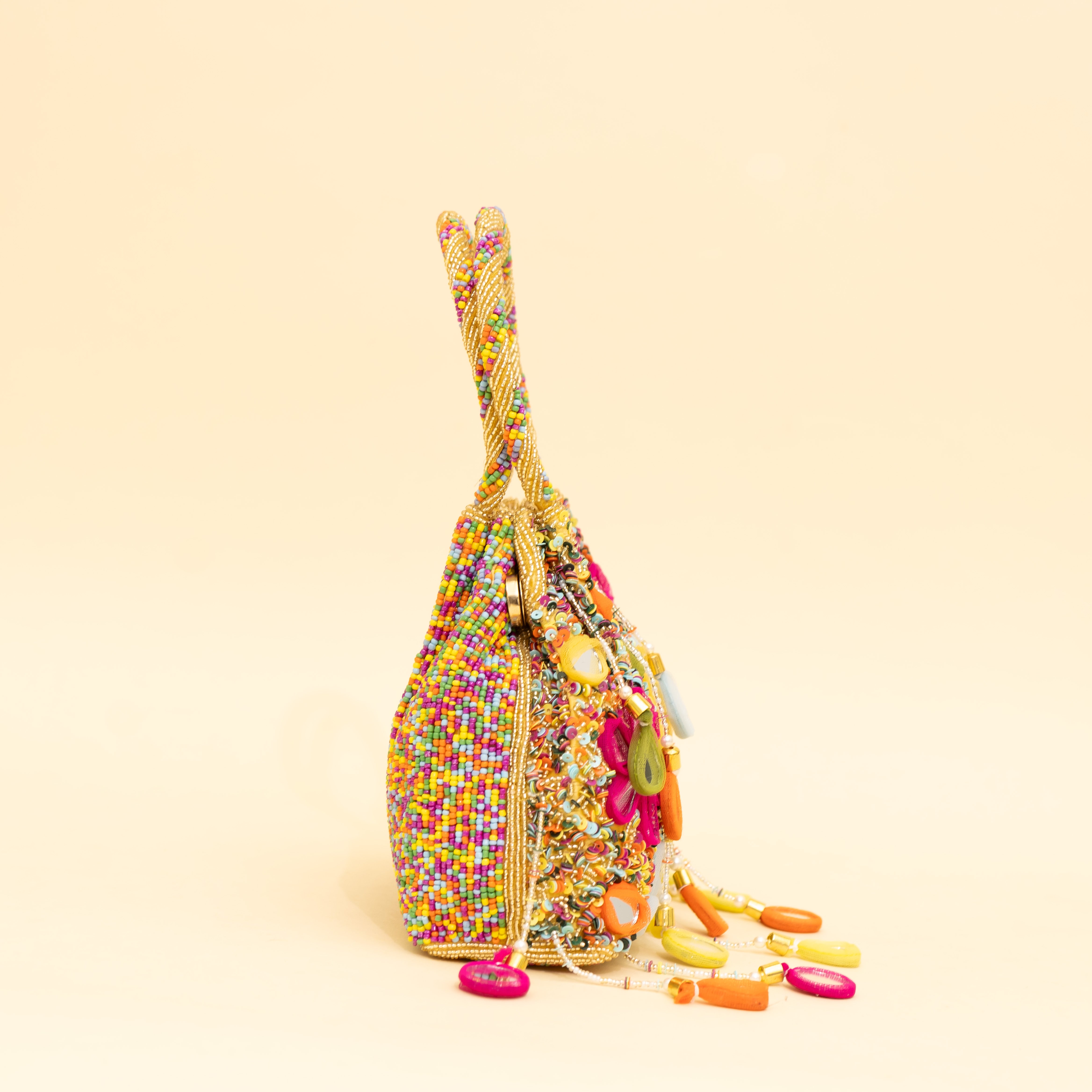 Gold Multicoloured Embellished Heavy Mirror Work Potli