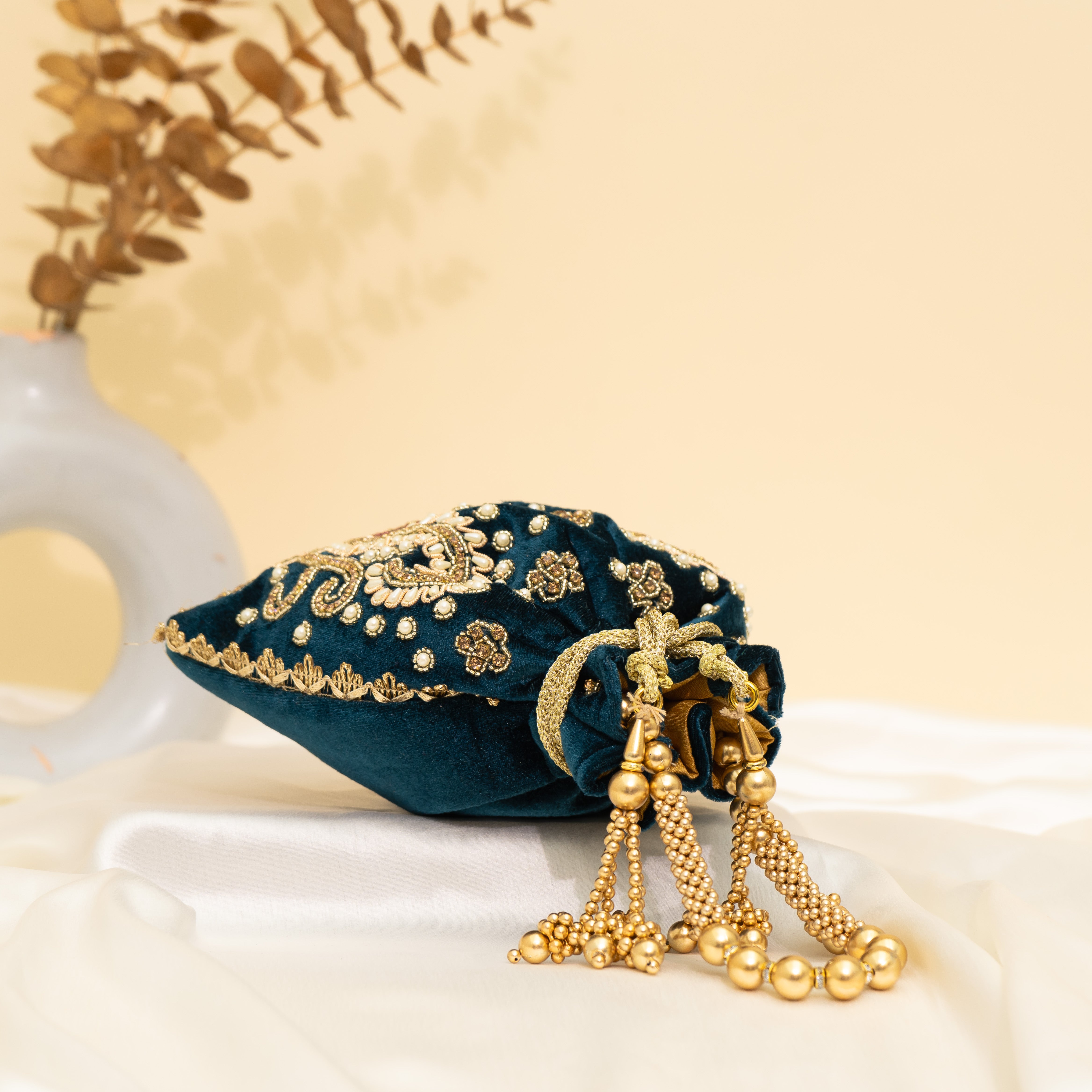 Teal Blue Peacock's Embrace Potli