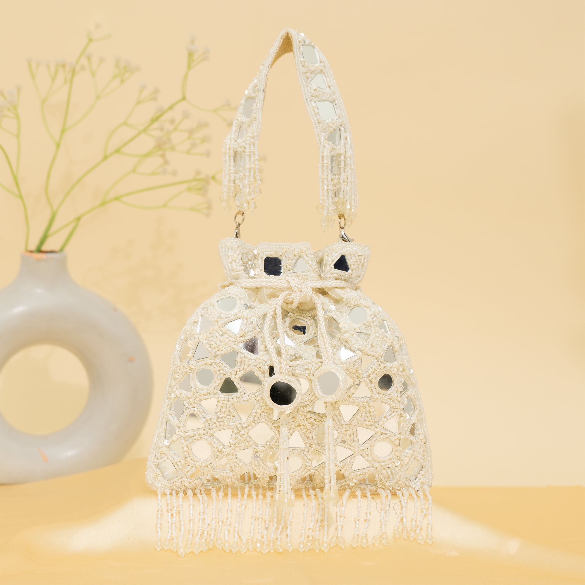 white Reflective Beads potli| cara