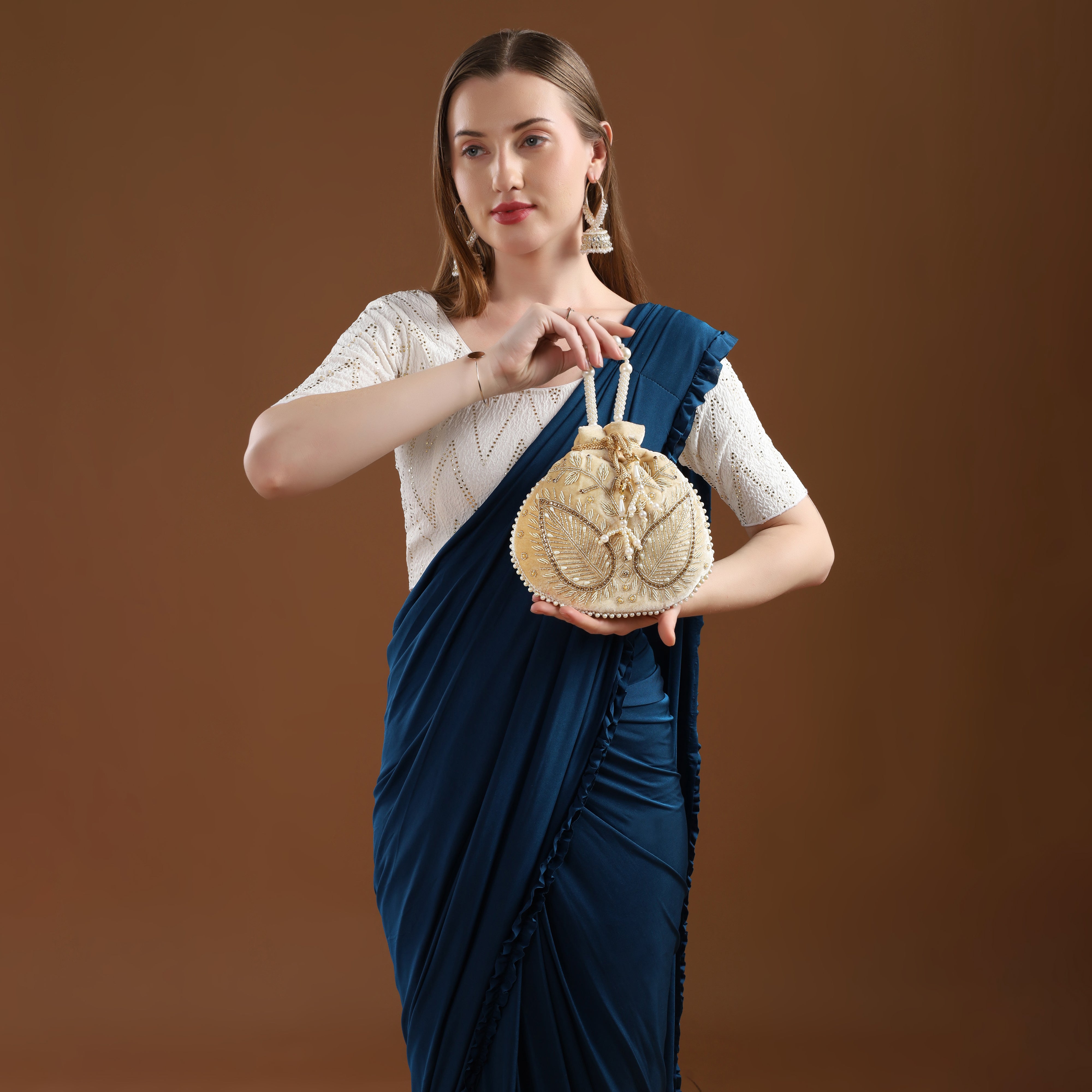 Cream Velvet Jewel Matka Potli | CARA